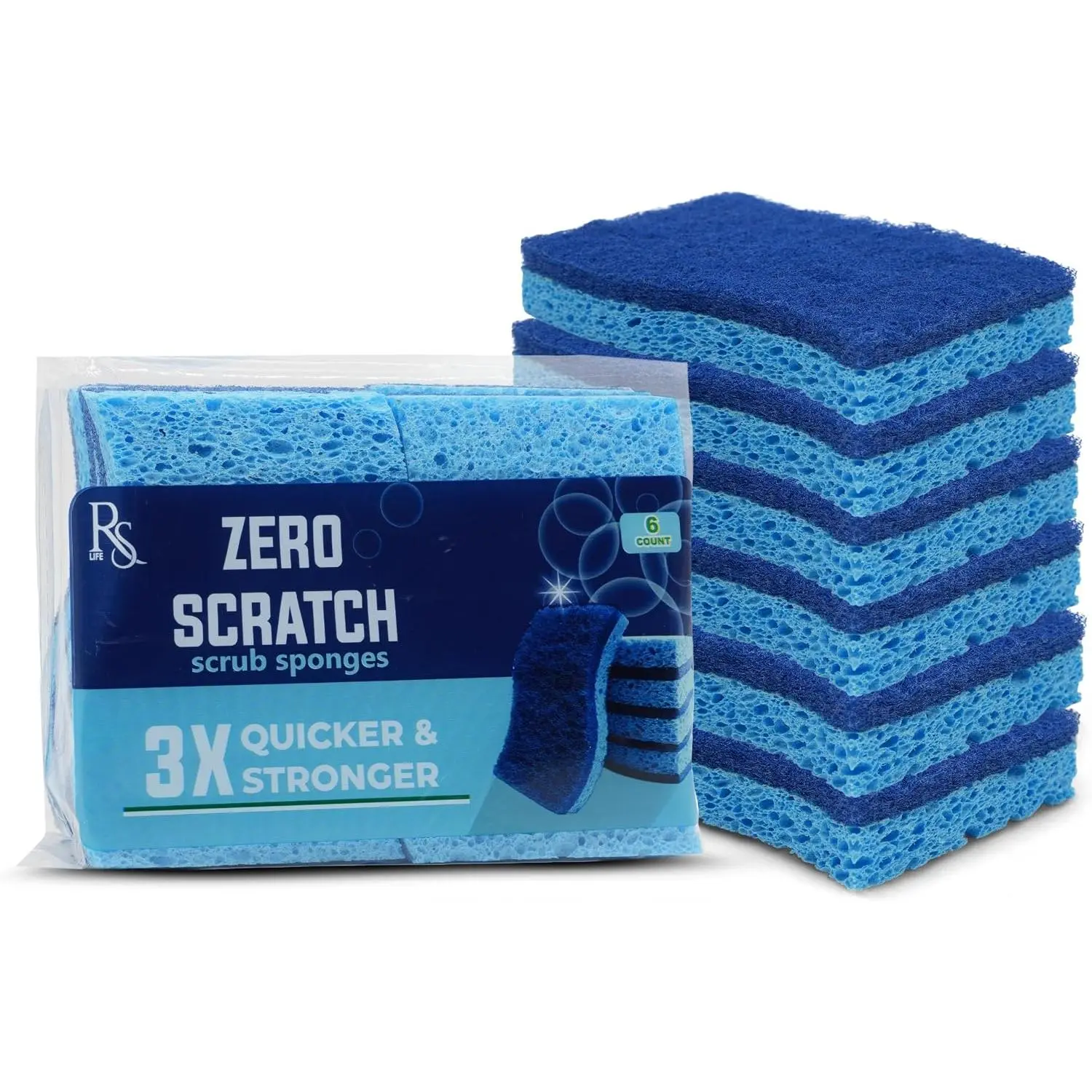Blue Scrub Sponges Pack of 6 – -Sided Kitchen Sponges for Cleaning – Non Scratch for Dishes, Bathroom, Surfaces – Durable Dishwashing Sponge