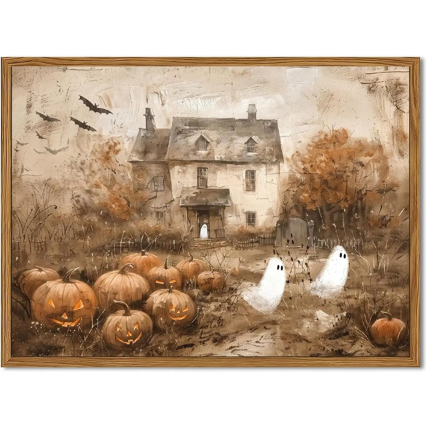 12x16 Inch Framed Vintage Halloween Ghost Canvas Wall Art - Cute Ghost Pumpkin Decor Paintings, Gothic Horror Haunted Scene Dark Academia Prints, Spooky Fall Home Decor for Living Room Bedroom