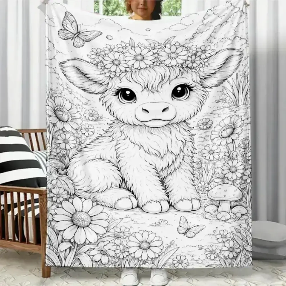 Highland Cow Themed DIY Coloring Blanket, Color-Fillable Flannel Throw Blanket, Baby Blankets and Adult Blankets, Soft Cozy Customizable Fabric Blanket, Ideal Gift for Kids, Artists and Women, Bedroom Home Office Travel Decor, Perfect for Birthday, Annive