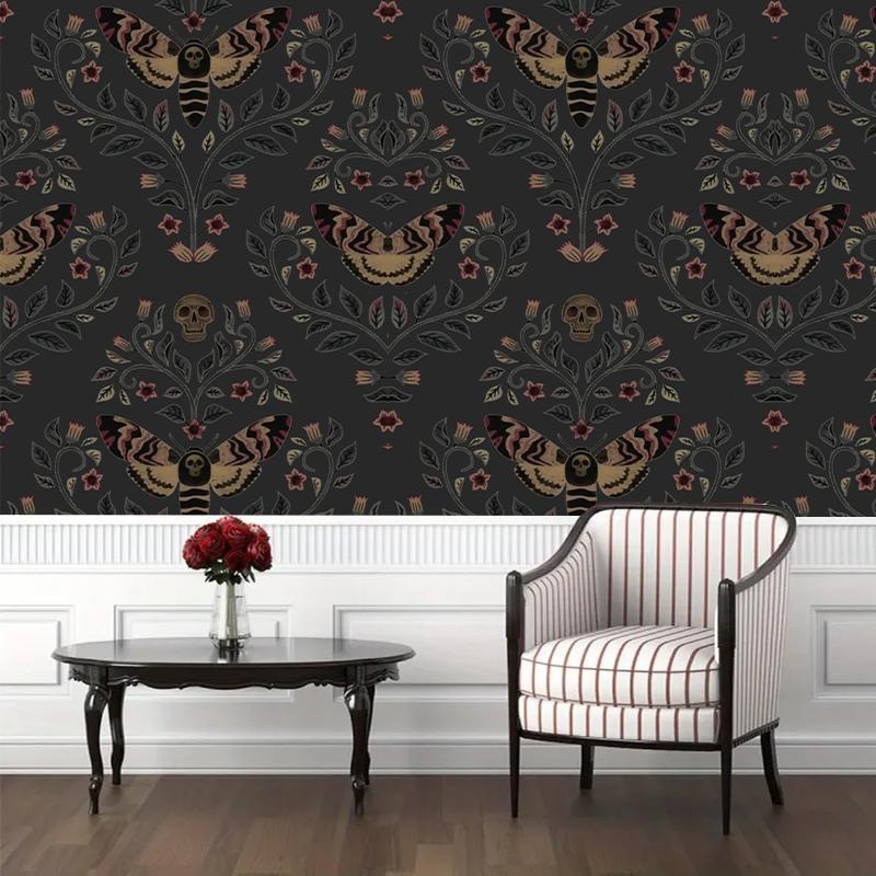 Skull Head Moth Pattern Wall Sticker, 1 Roll Waterproof Self-adhesive Wallpaper, Removable Wall Decal for Home Living Room Bedroom Dormitory Decor