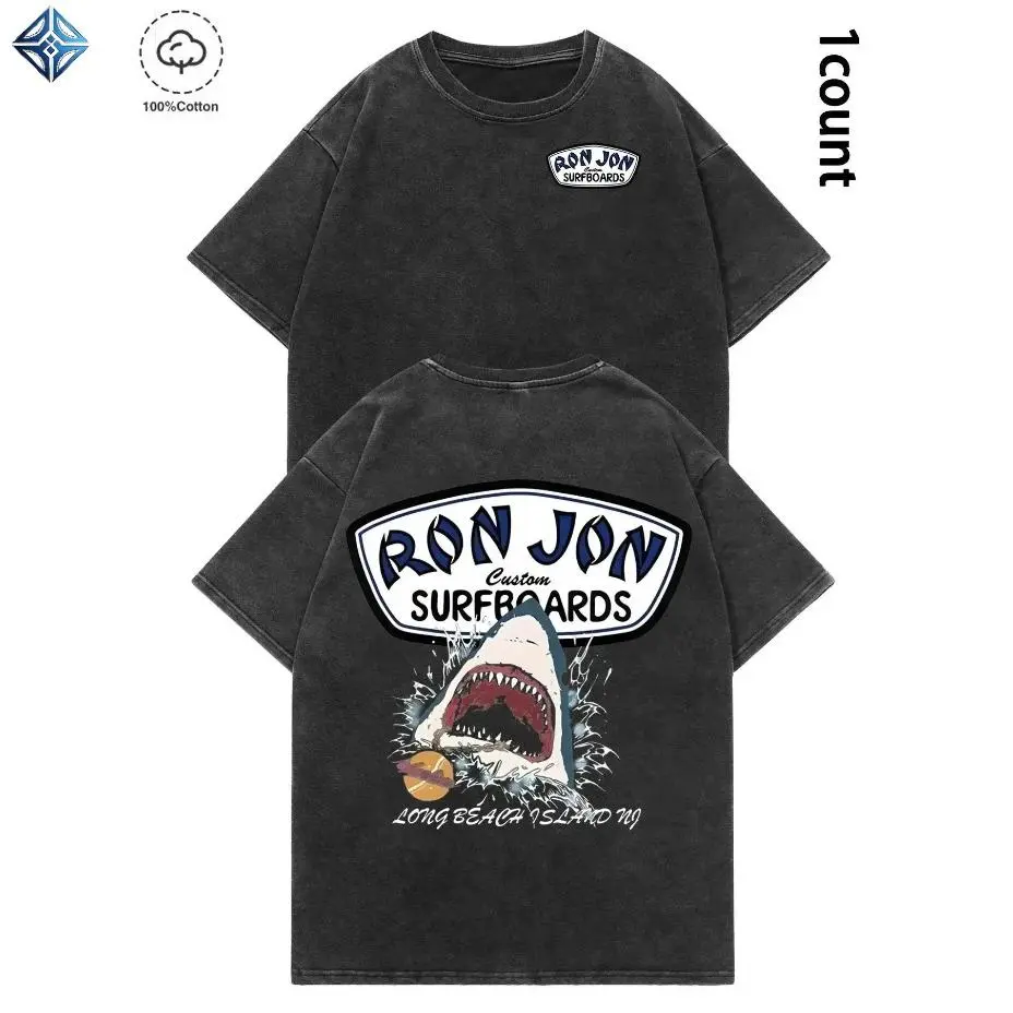 Unisex Ron Jon Surfboards Shark Graphic Washed Tee - Oversized 100% Cotton Y2K Streetwear | Retro Beach Surf Aesthetic Summer Vacation Top & Casual Men's Clothing Gift graphic t-shirts good graphic tees men's graphic tees funny tshirt