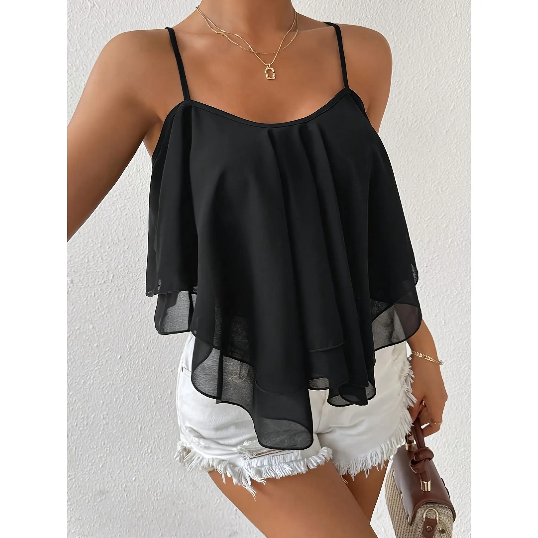 Women's Black Spaghetti Strap Chiffon Layered Camisole Top, Sleeveless Ruffle Hem Flowy Loose Fit Tank Blouse, Casual Summer Beach Vacation Y2K Inspired Layering Top, Lightweight Breathable Daily Wear Elegant Fabric