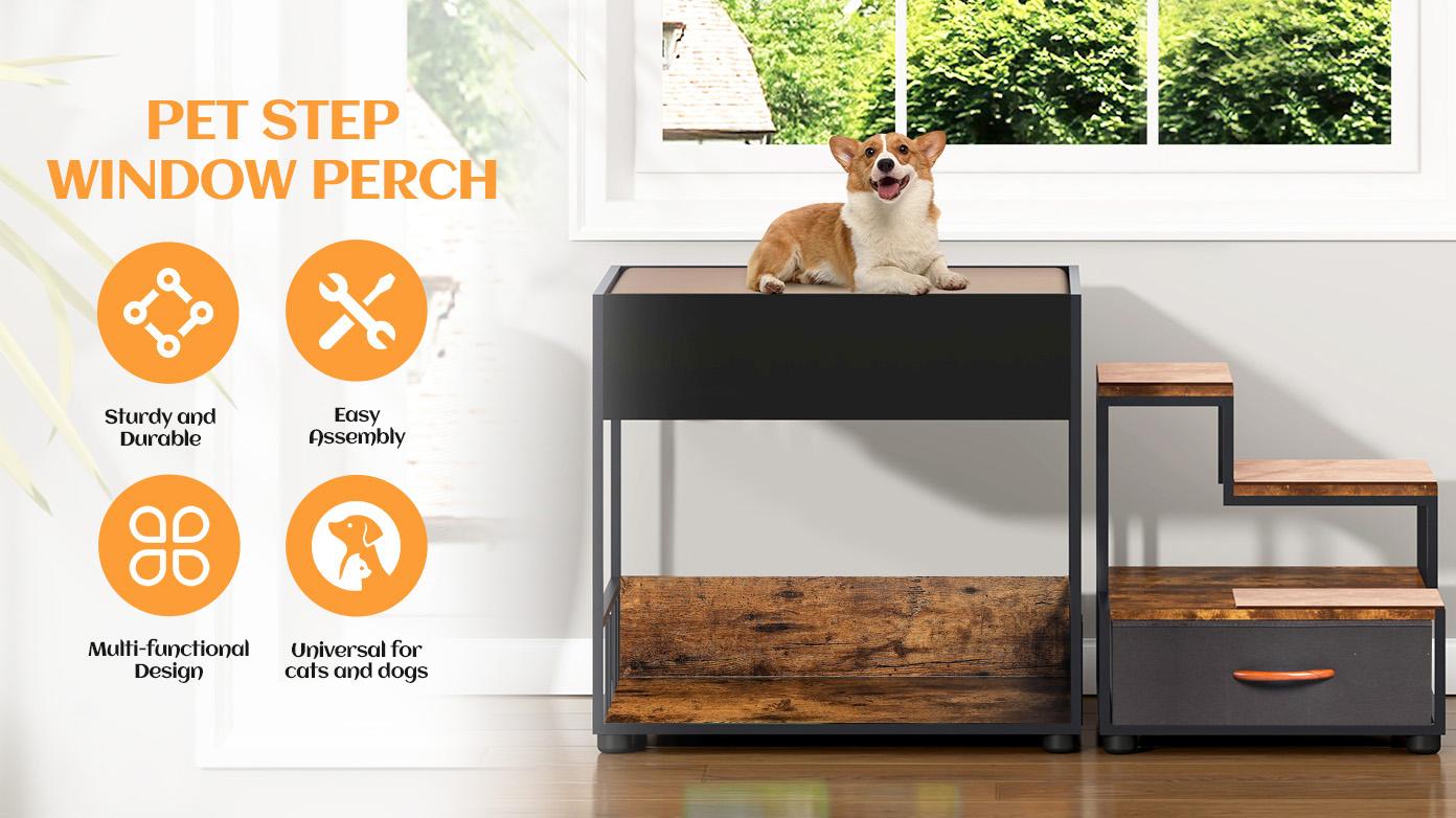 Pet Step Window Perch,Bunk Beds Window Perch for Dogs Bedside Lounge Elevated Dog Bed Multi-Level Platform with Sponge, Non-Slip Pad and Storage,Vintage