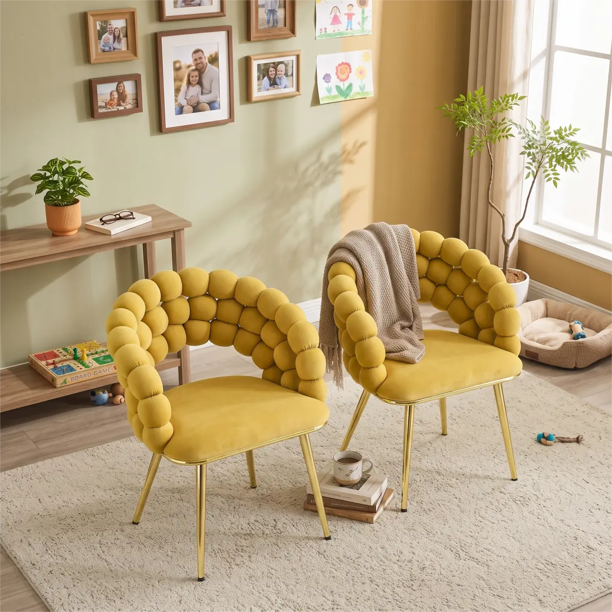 Set of 2 Bubble Velvet Dining Chairs, Mustard Yellow Puffy Back Dining Chair with Gold Metal Legs, Modern Upholstered Side Chairs for Living Room Bedroom Makeup Table Dining Room