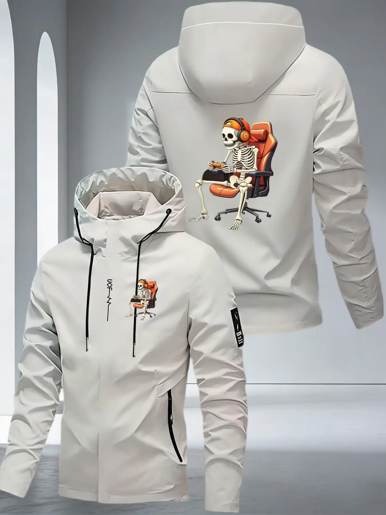 Men's Skull Gamer Pattern Hooded Jacket, Blue Casual Windproof Outerwear, Cartoon Lover Daily Wear, Fun Theme Clothing, Trendy Street Style