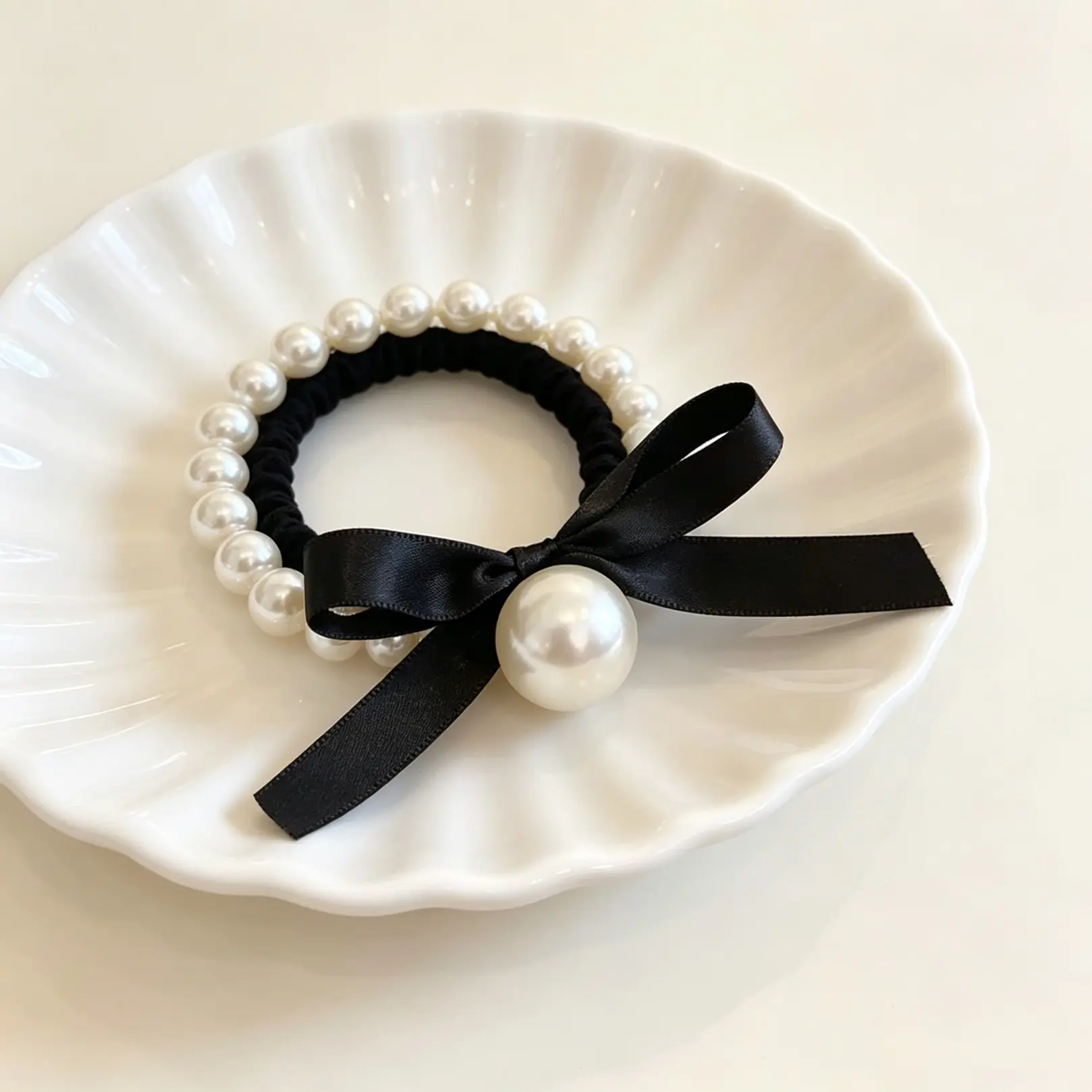 Faux Pearl Bow Elastic Hair Tie, Elegant Satin Bow Ponytail Holder, High Stretch Hair Accessories For Women, Classic Styling Hair Bands Suitable For Daily Look, Dating And Party Occasions