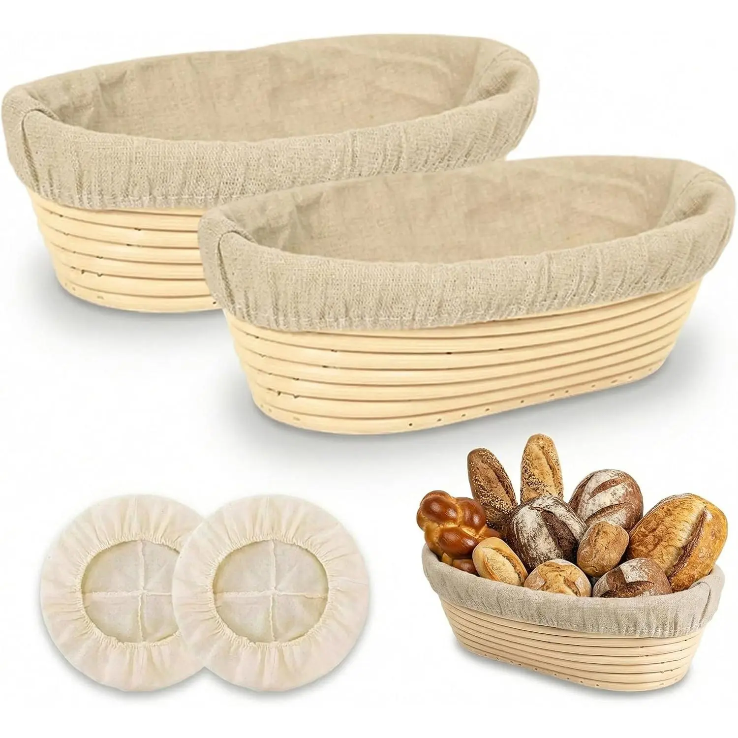 Banneton Bread Proofing Basket - Proofing Basket Set of 2 (10 inch Oval), Rattan Banneton with 2 Linen Liners for Sourdough Bread Baking Supplies, Bread Basket for Professionals and Home Bakers