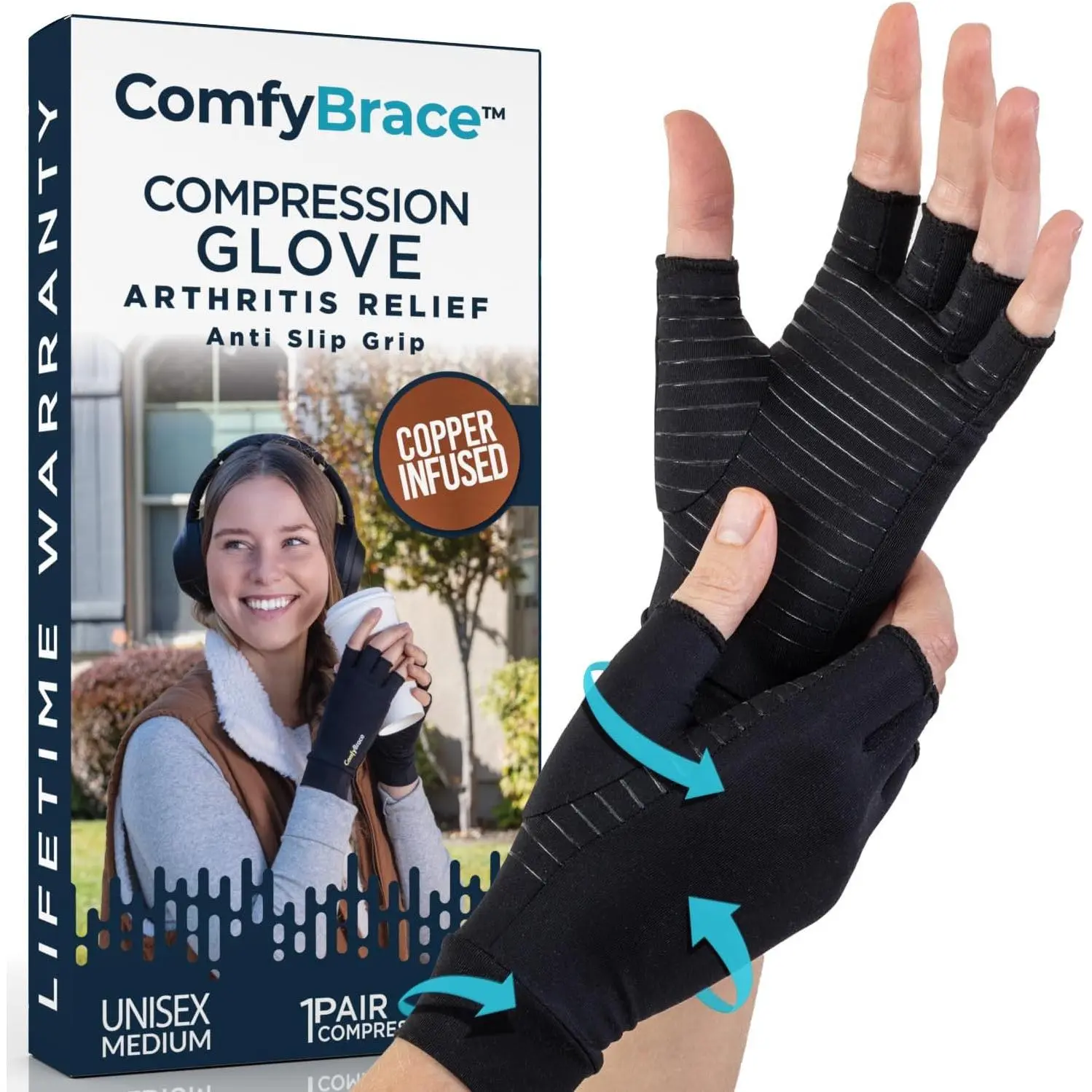 Copper Infused Compression Arthritis Gloves for Hand & Finger Relief from pain/swelling caused by Rheumatoid Arthritis, Carpal Tunnel, Tendonitis and Poor Circulation, Fits Men & Women