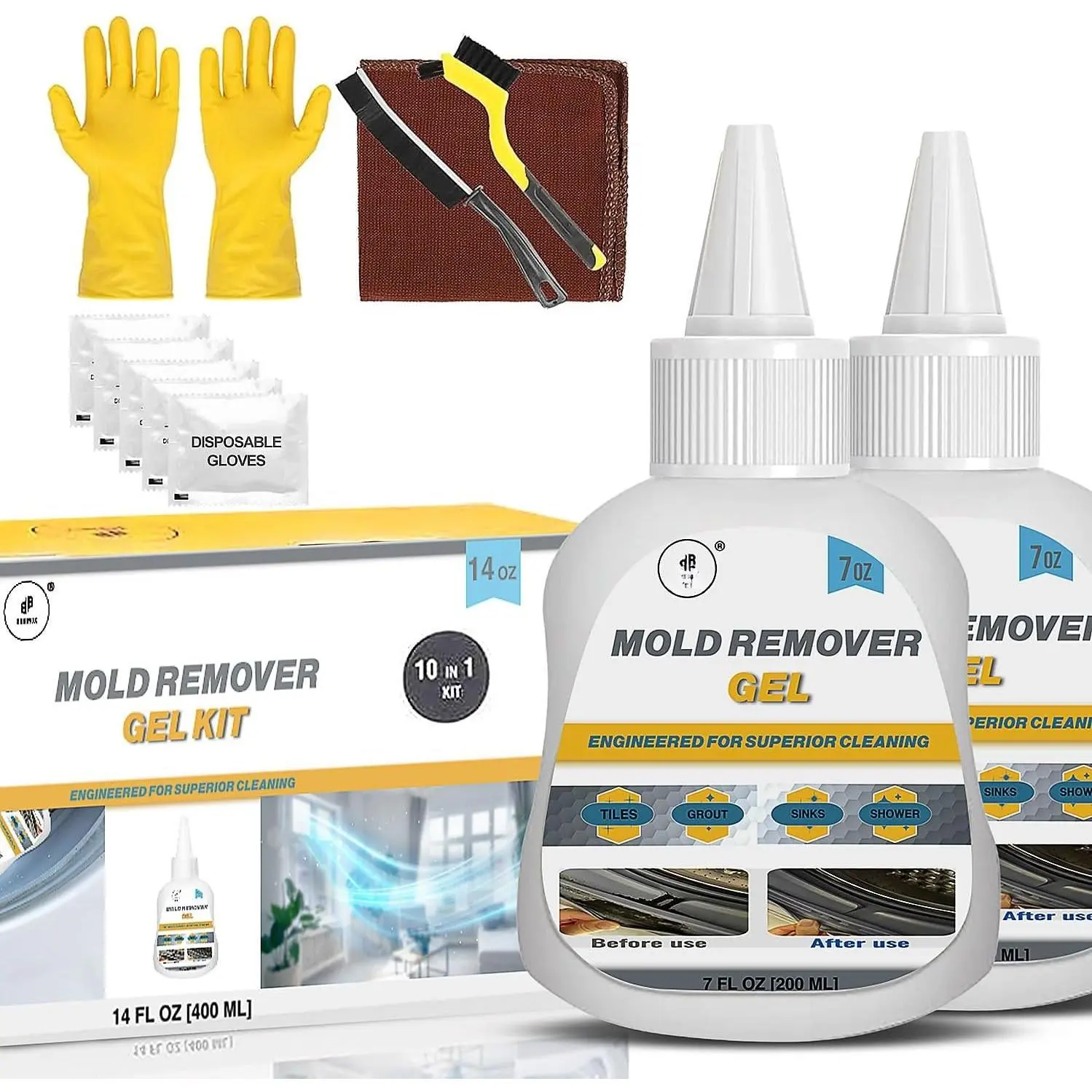 Household Mol-d Remover Gel - Stain Cleaning Gel Kit - 14 FL Oz / 10 in 1  Cleaning - for Washing Machine Seals, Tile Grout, Bathroom, Kitchen, Sink - Includes Brushes, Cloth & Gloves