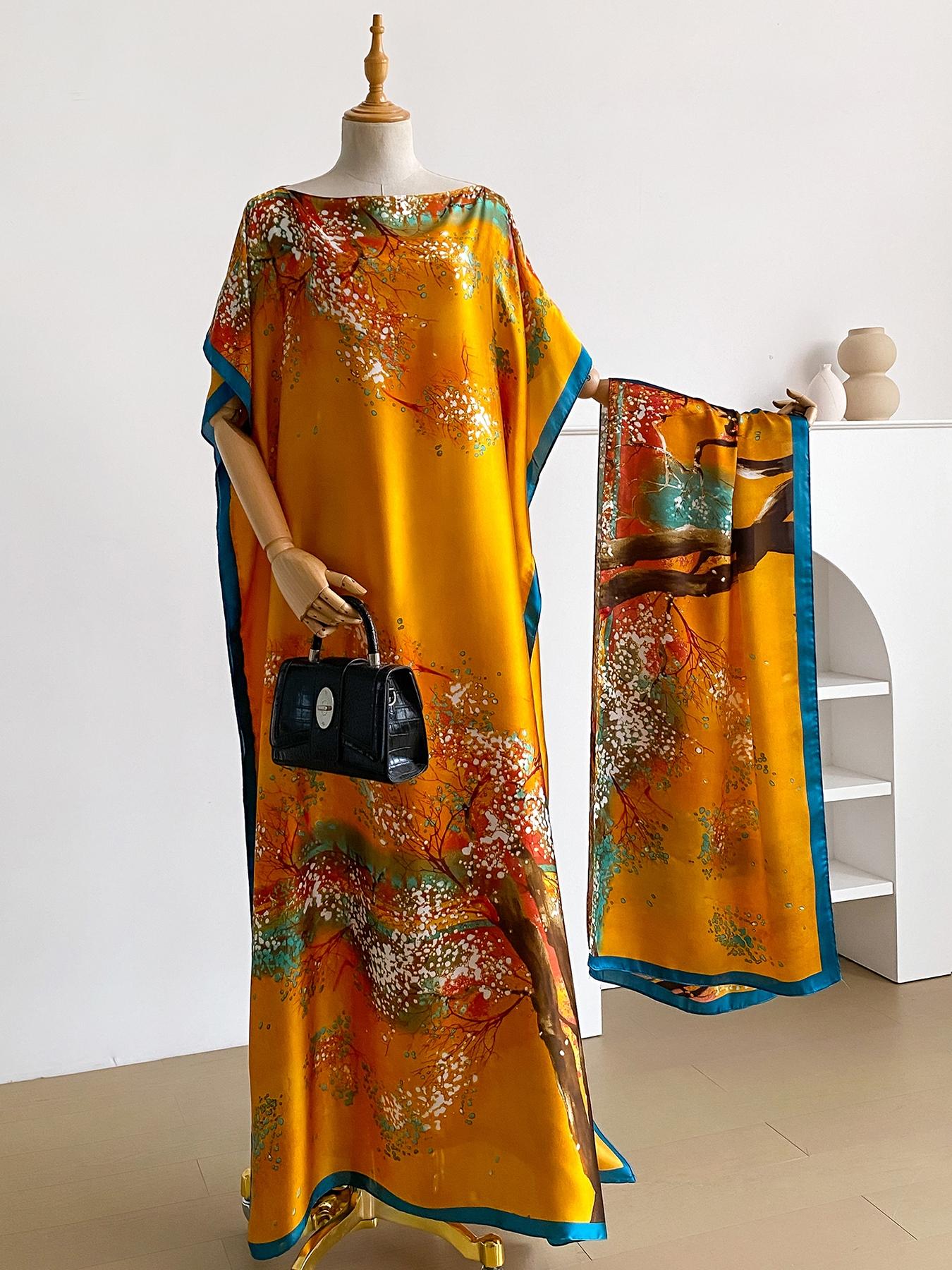 1 Piece Fashion Printed Robe Pullover Shawl moomoo Dress Long Wrap Silk Scarf Headband Ladies Womenswear Seaside Beach Sunshade Sunscreen Satin Silk Scarf