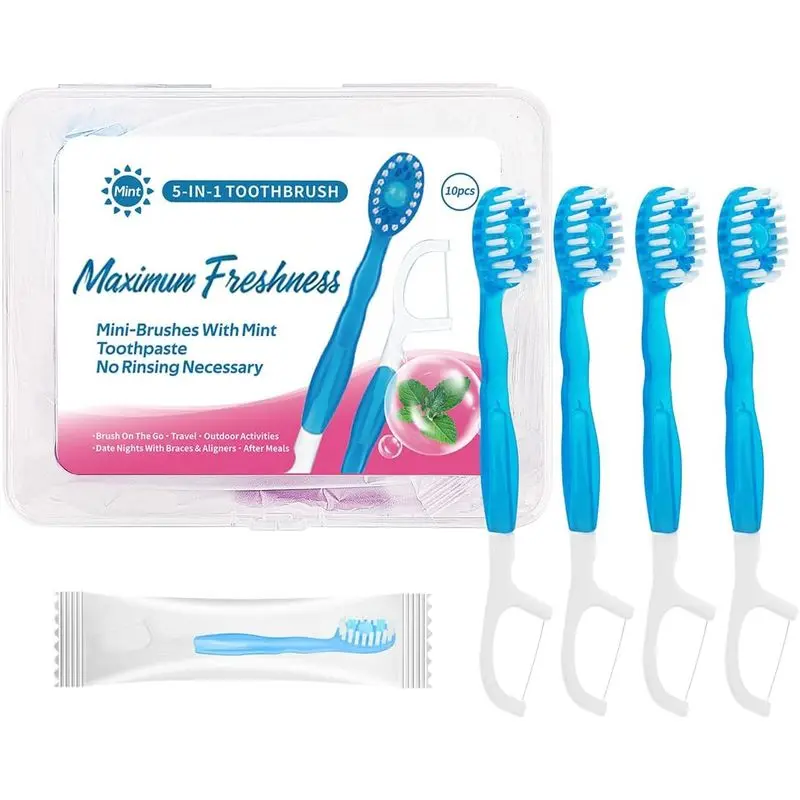 5 in 1 Mini Brushes Disposable Toothbrushes with + Tongue Scraper + Picks+Floss Travel Case Individually Wrapped Soft Travel Toothbursh Portable (Peppermint, 10)