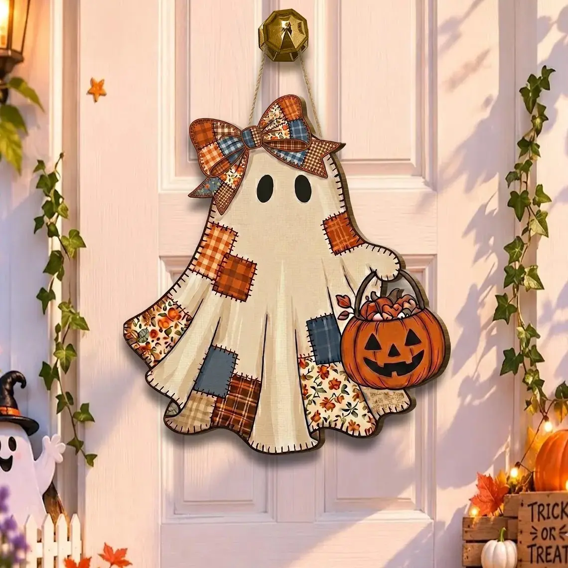 Halloween Ghost Door Hanging Decoration, Cute Patchwork Pumpkin Basket Ornament, Decorative Ornaments, Perfect for Home Parties, Fall Harvest Decorations