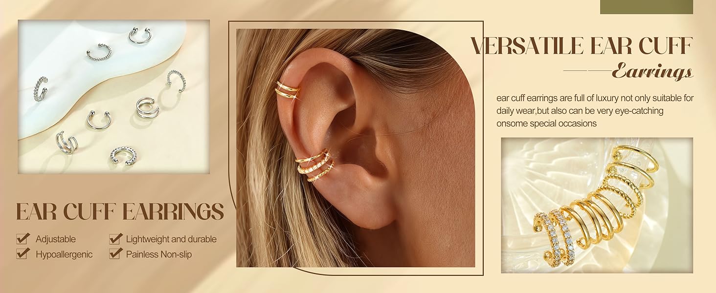 LOLIAS 4 Pairs Ear Cuffs Non Piercing - 14K Gold Plated Ear Cuff Earrings for Women Ear Cuff for Non Pierced Ears Clip on Cartilage Earring Adjustable Fake Earrings Set