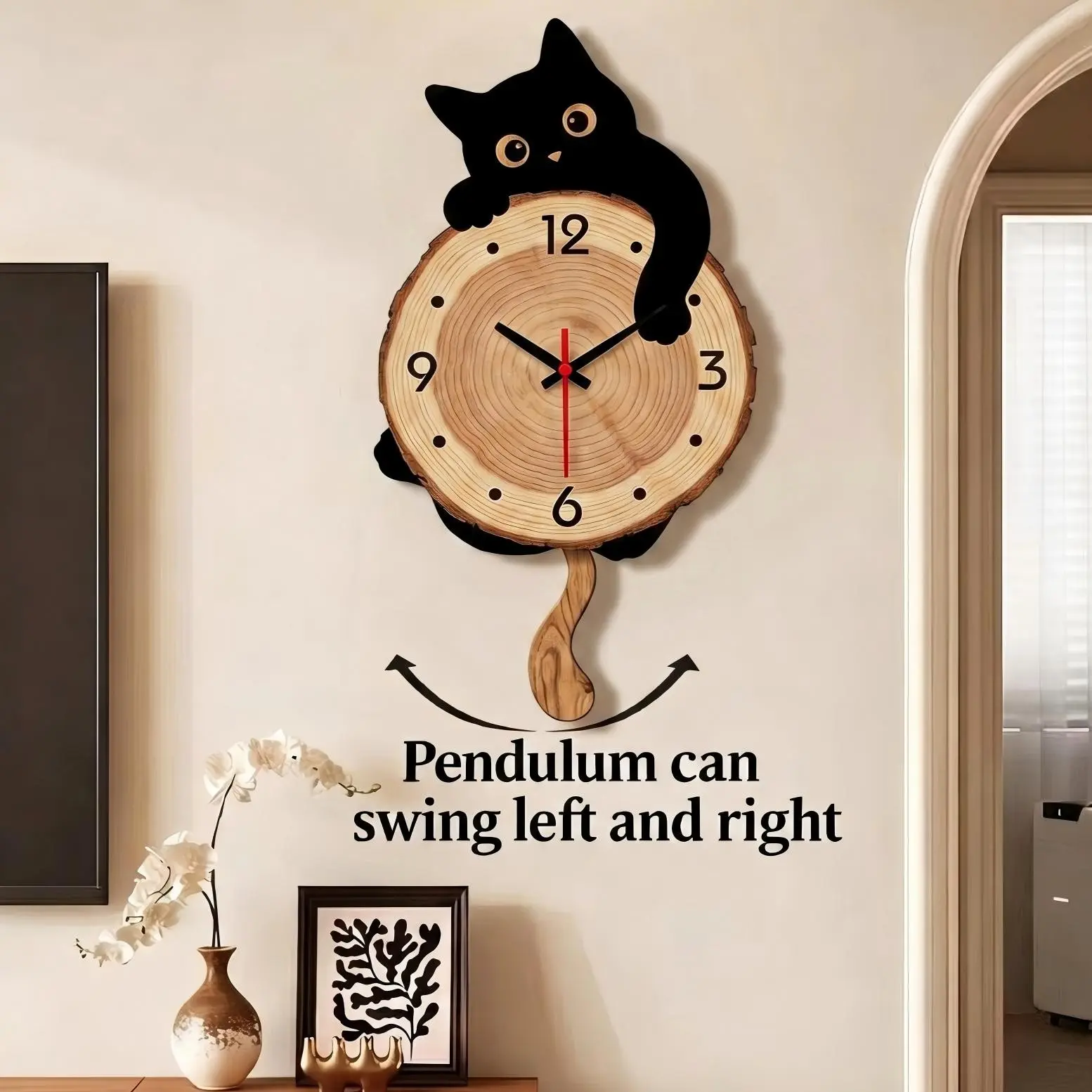 2D Cat Swing Wall Clock, Wooden Decor, Silent Battery-Powered, Ideal for Living Room, Bedroom, Office, Kitchen, Bathroom, Birthday Gift
