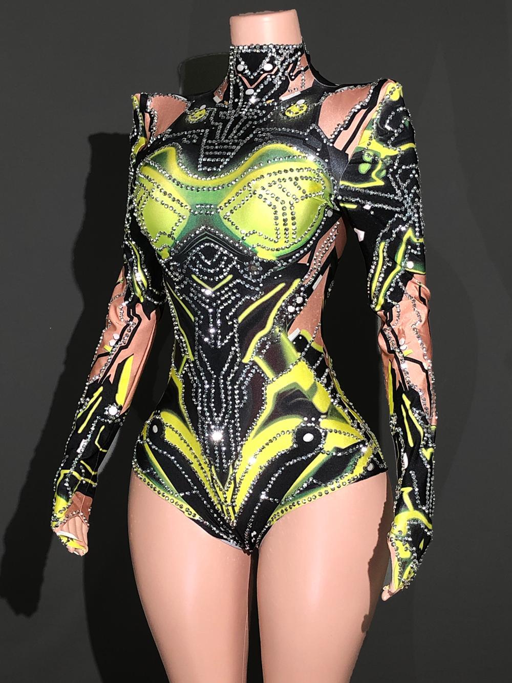 Sparkly Rhinestones Long Sleeve Bodysuit For Women Performance Dance Costume Singer Dancer Show Stage Wear Nightclub Outfit