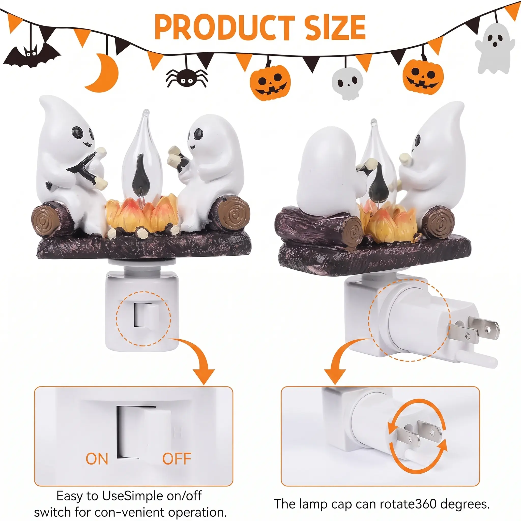 Ghost Campfire Night Light, Plug-in Wall Flickering Flame Nightlight, Halloween 3D Cute Spooky Marshmallow Ghost Decoration for Bedroom, Spooky Season Home Halloween Decor for Kids Adults-YY2