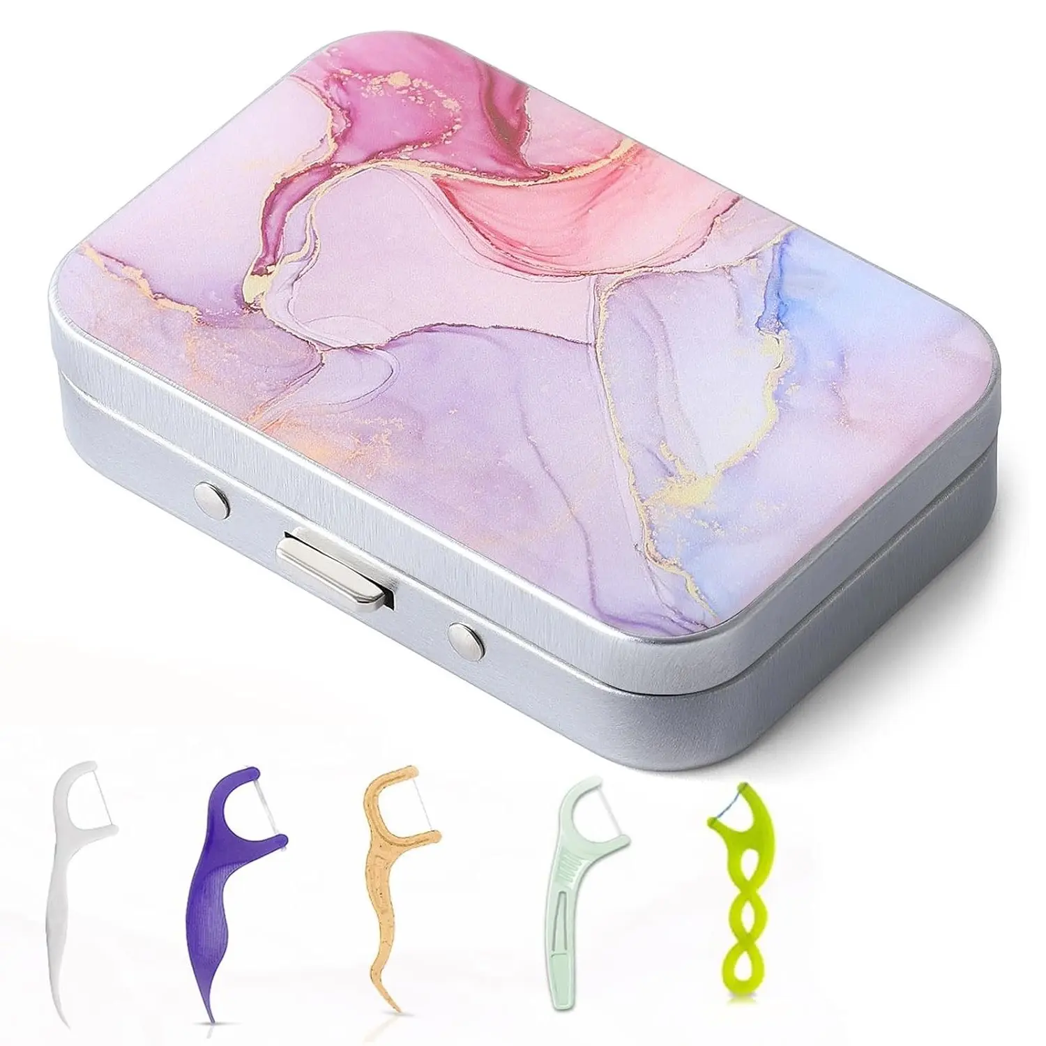 Portable Dental Floss Case with Floss Picks Storage Dispenser for Travel, Hotels, Dinners & Appointments - Pink MarbleGift