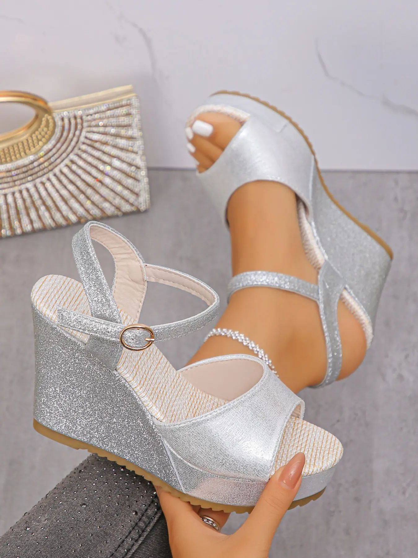 Base Dot Wedge Sandals, Summer Wedges, Buckle Design Wedge, Chunky Wedge Heel, One-Word Ankle Buckle Waterproof Platform Open-Toe Thick Sole, Vacation Platform High Heels Fashion Women's Shoes