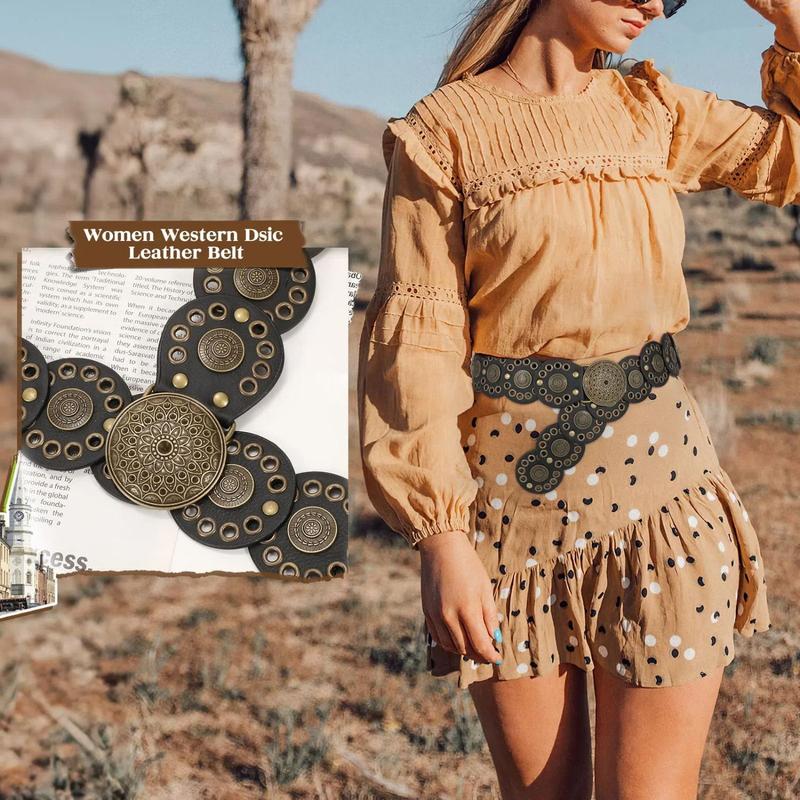 XZQTIVE Western Belts for Women Vintage Disc Waist Belts Concho Leather Belts Boho Waist Belt for Dress Jeans, Bronze Black