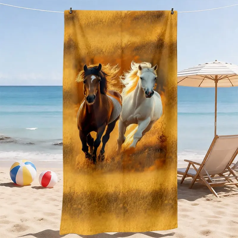 Running Horses Beach Towel, Golden Prairie Print with Brown and White Horses, Absorbent and Sand Resistant with Soft Lightweight Feel, Outdoor Adventure Style for Beach, Pool and Travel, Gift for Horse Lovers, Quick Dry Absorbent