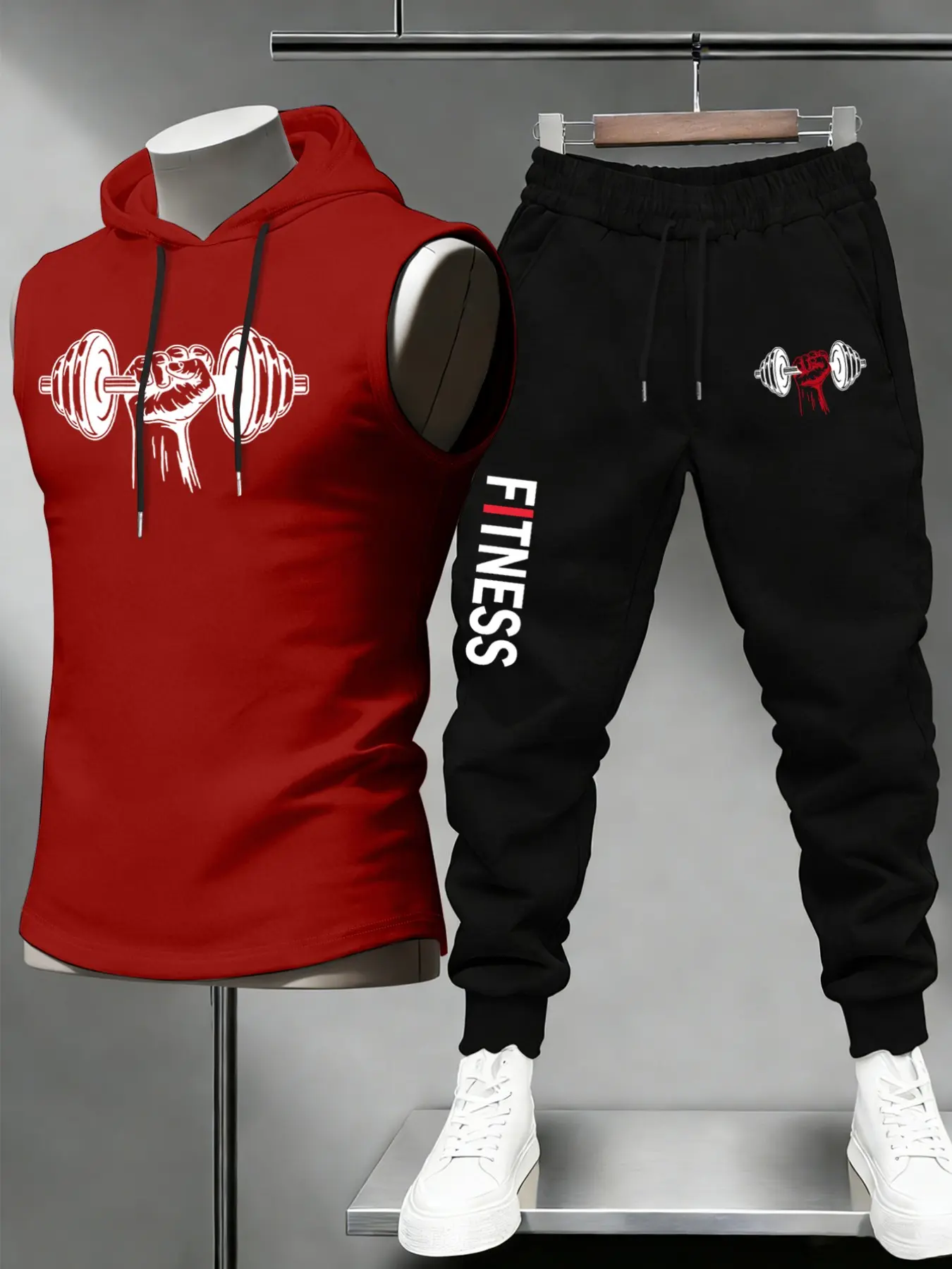 Men's Letter Dumbbell Print Set, Hooded Sleeveless T-Shirt Vest + Drawstring Sport Pants, Outdoor Casual Wear, All Seasons