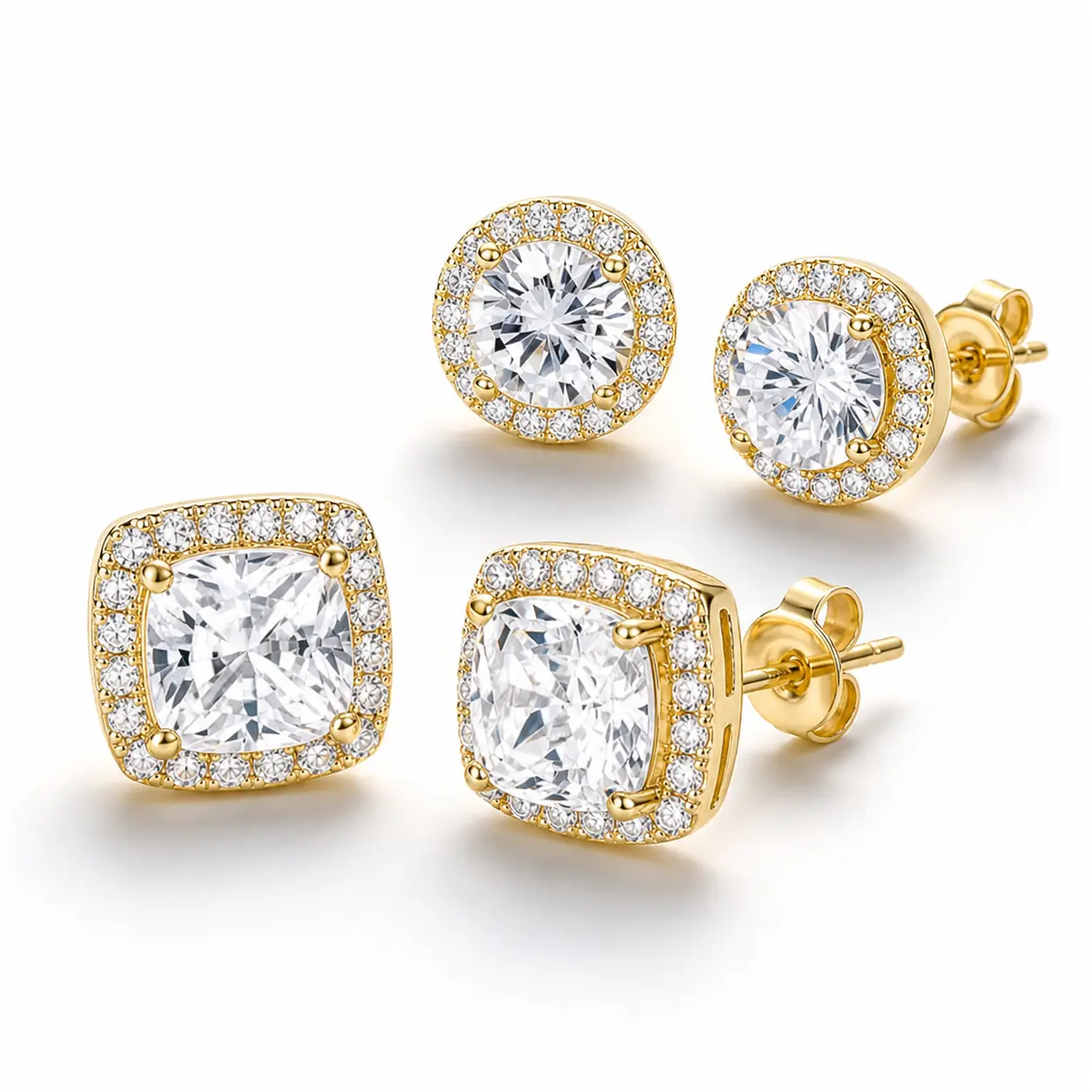 2-Pair Two-Tone Cubic Zirconia Stud Earrings Set, Sparkly Ear Studs for Women and Men, Dainty Daily Wear Jewelry in Gold and Silver Tones