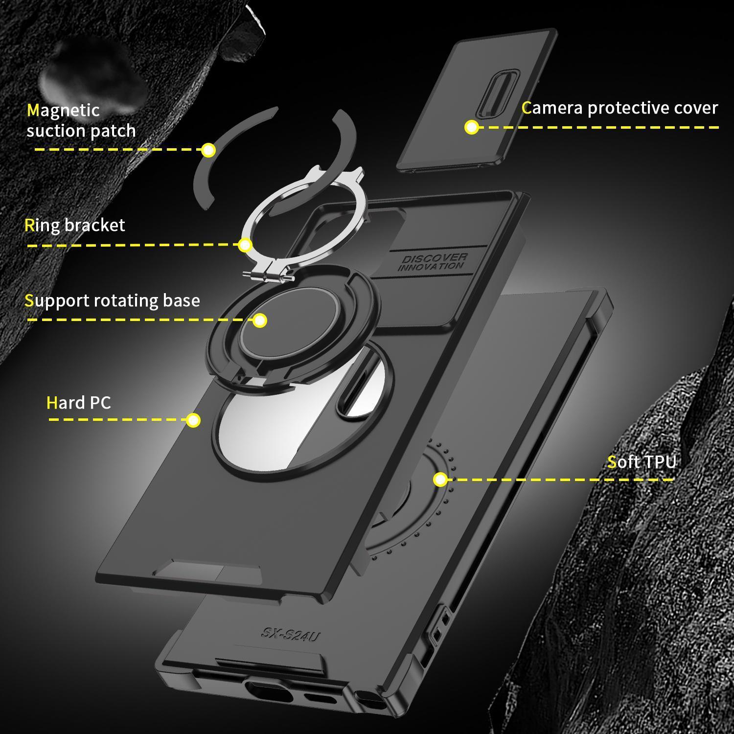 OREKROY Shockproof Magnetic Case with Slide Camera Lens Protector For Samsung Galaxy S25/S24/S23/S22/S21 Ultra Plus Rotating Ring Holder