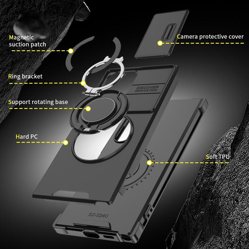 OREKROY Shockproof Magnetic Case with Slide Camera Lens Protector for Samsung Galaxy S25/S24/S23/S22/S21 Ultra Plus Rotating Ring Holder Black TPU+PC Armor Casing