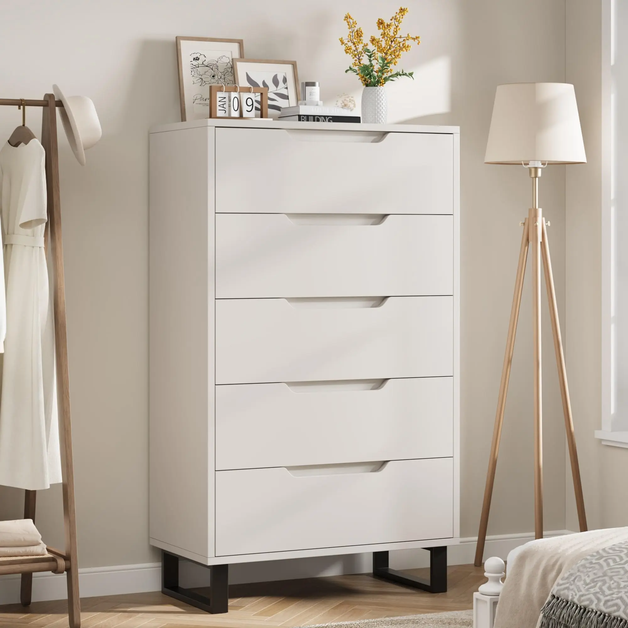 Spacious 5-Drawer Dresser for Bedroom Storage – Tall Freestanding Entryway Cabinet, Sturdy Wooden Vertical Organizer with Removable Legs, Waterproof MDF Top