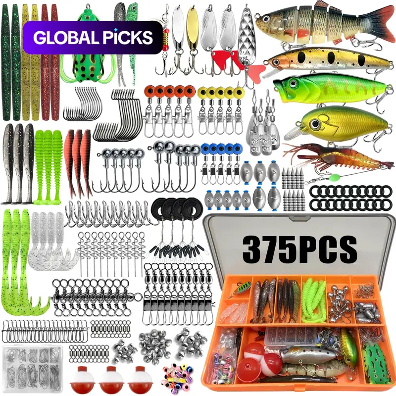 Artificial Fishing Lure Kit, 85, 117, 157, 198 or 375-Piece Fishing Lure Set with Spoon Lures, Soft Plastic Worms, Crankbait Jigs and Fishing Hooks, Fishing Accessories