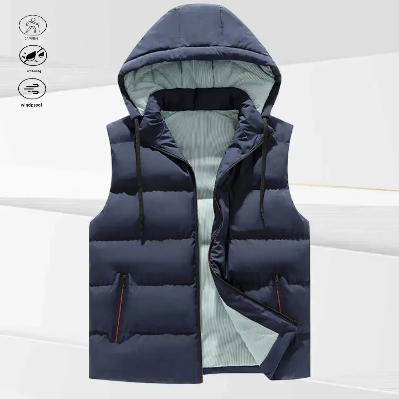 Men's Hooded Vest, Stylish Casual Solid Black Polyester Sleeveless Top with Red Line Pocket Decoration, Tops, Menswear, Clothes