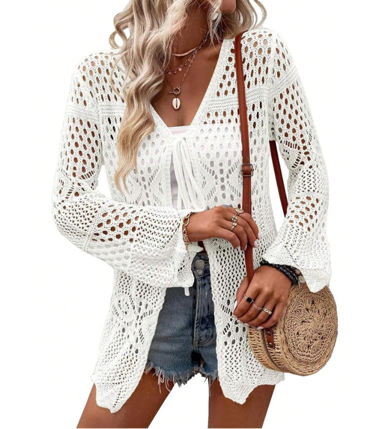 Women's Solid Color Hollow Out Tie Front Crochet Cardigan, Casual Long Sleeve Knitwear for Summer, Fashion Women's Knit Clothing for Daily Wear, Knitting, Summer Cardigan Women, Beach Cover Up, Lightweight Knit Top, Boho Crochet Sweater, Vacation Outfit