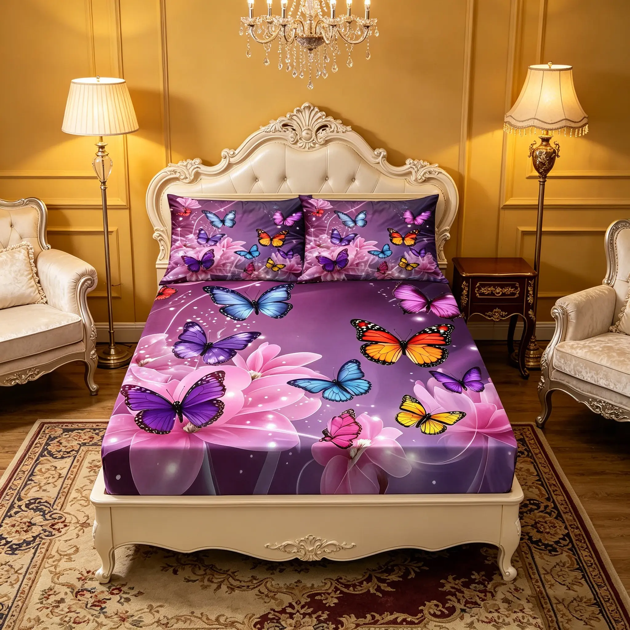 3-piece butterfly themed bedding set, Botanical Bedding Set, soft polyester fiber bed sheet set including bed sheet 1+pillowcase 2 (excluding pillow core), floral bedroom decoration, perfect gift for home or dormitory