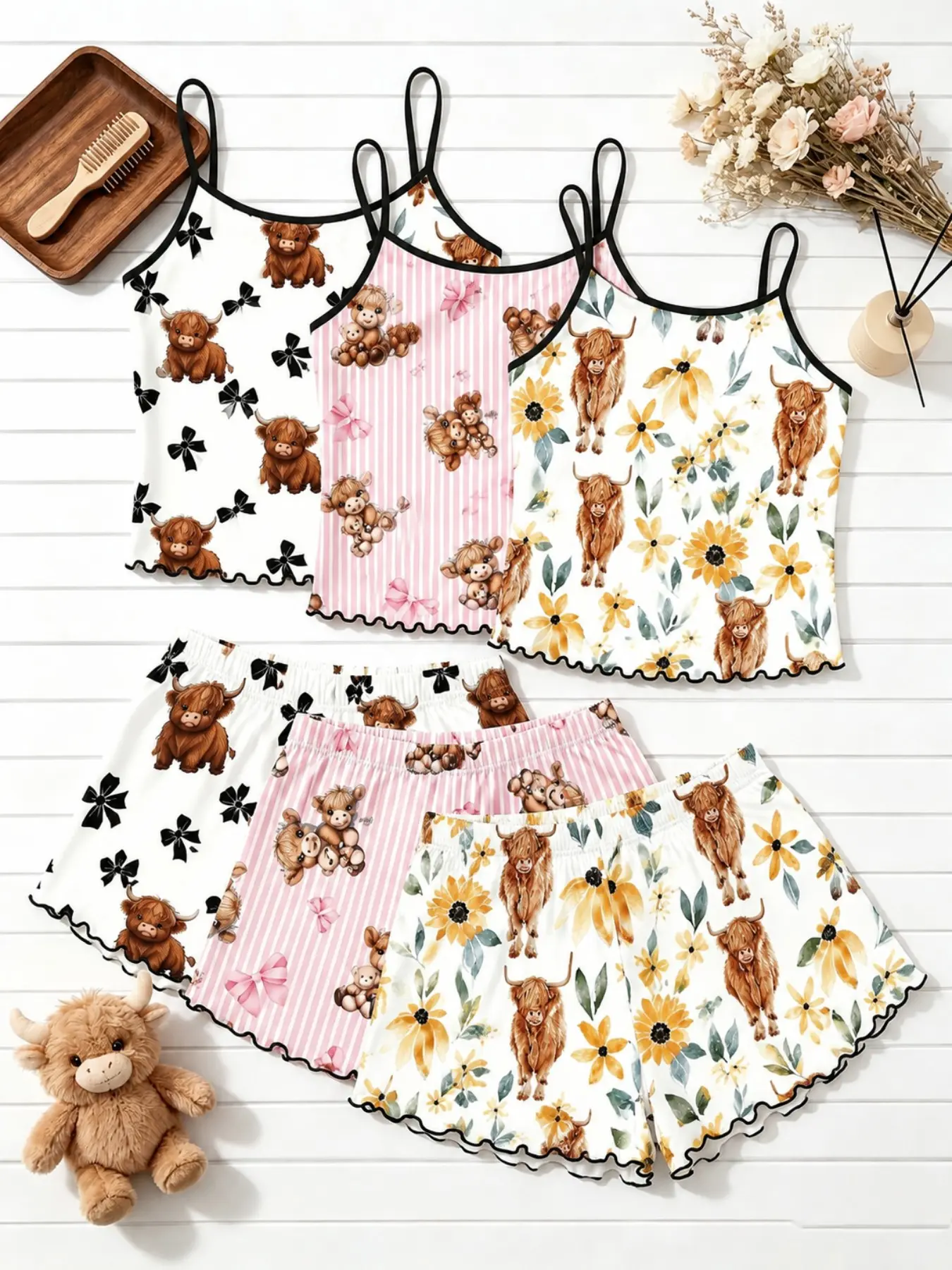 6 Piece Set | 1 Order Get 6 Pcs Women's Pajamas Set Trendy Highland Cow Sunflower Bows Striped 2026 Summer Black Trim Lettuce Edge Cami Shorts Milk Silk Lightweight Soft Comfy Loose Fit Casual Sleepwear Loungewear Daily Wear for Women