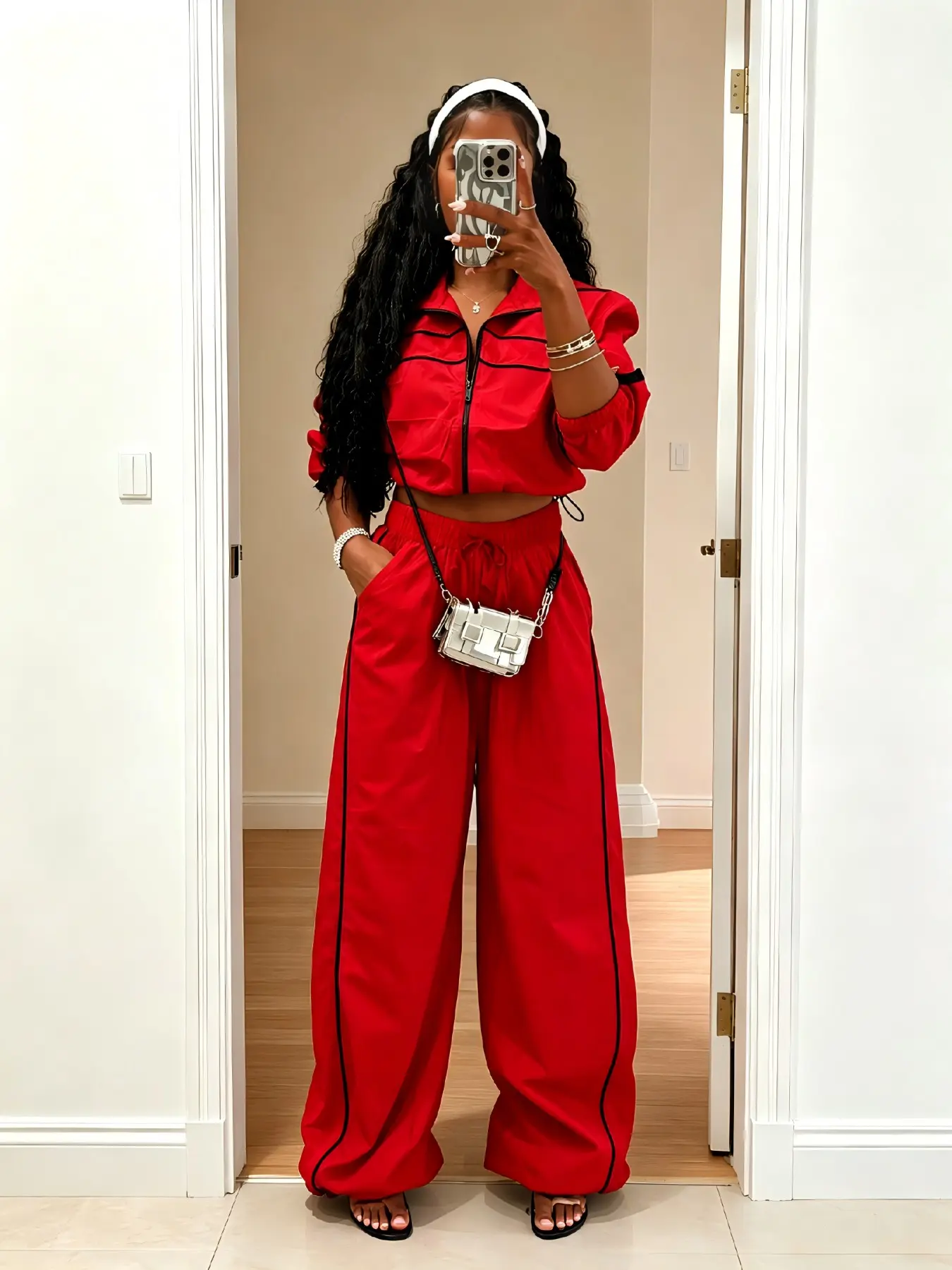 Women's Fashion Chic Sporty Collar Zipper Drawstring Hem Jacket, Sexy Long Sleeve Colorblock Belted Coat, Windproof Wide Leg Pants Set Clothes
