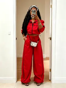 Women's Fashion Chic Sporty Collar Zipper Drawstring Hem Jacket, Sexy Long Sleeve Colorblock Belted Coat, Windproof Wide Leg Pants Set