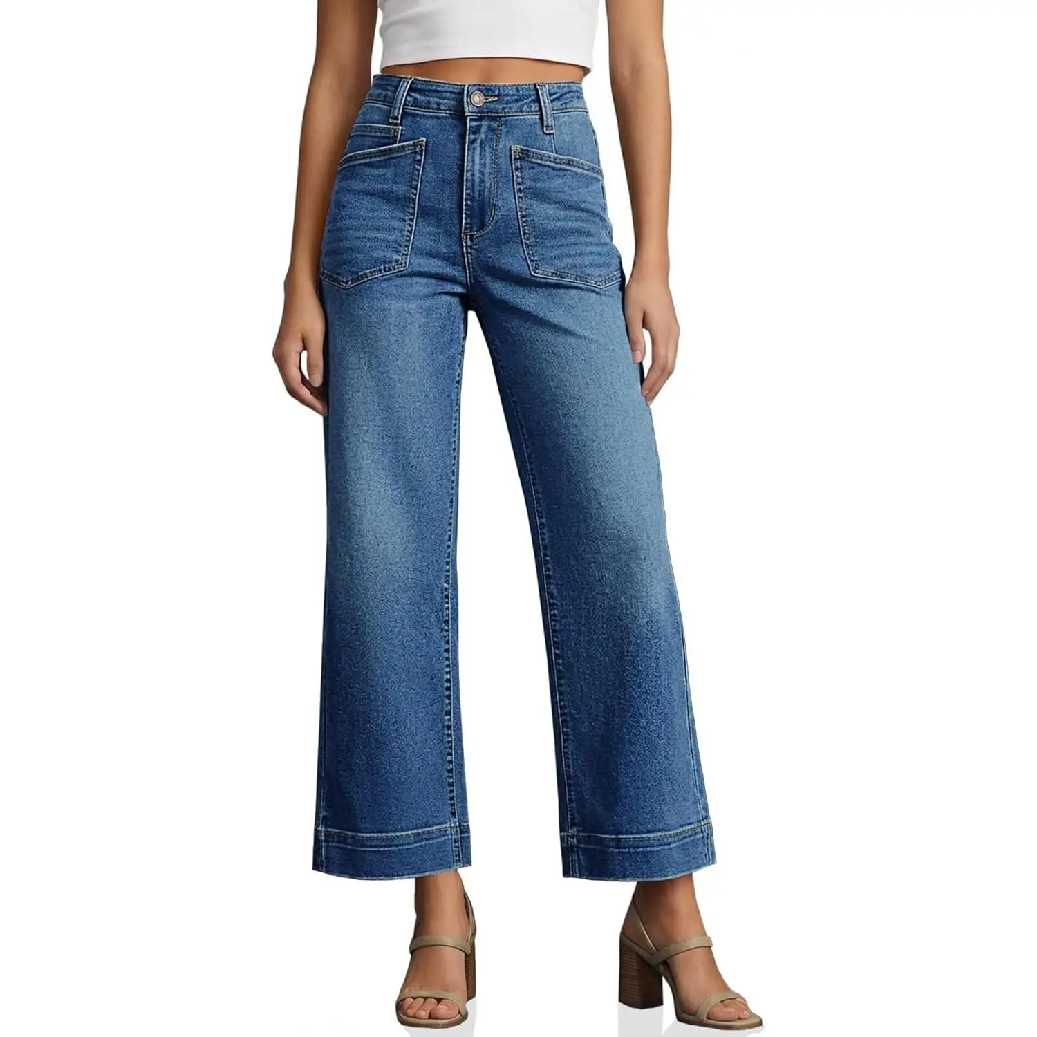 Cicy Bell Womens Cropped Wide Leg Jeans Stretchy High Waisted Trendy Baggy Denim Ankle Pants with Pockets