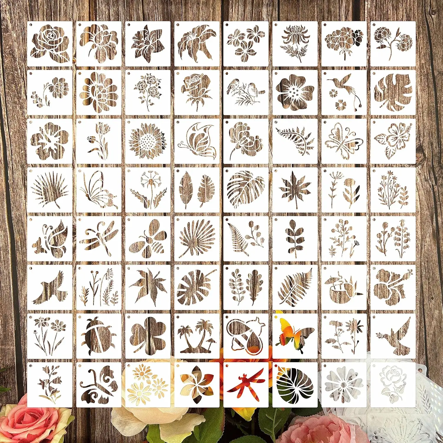 64pcs 3 Inch Flower Reusable Plastic Stencils for Crafts Rock Painting Wood Wall Tile Home Decor