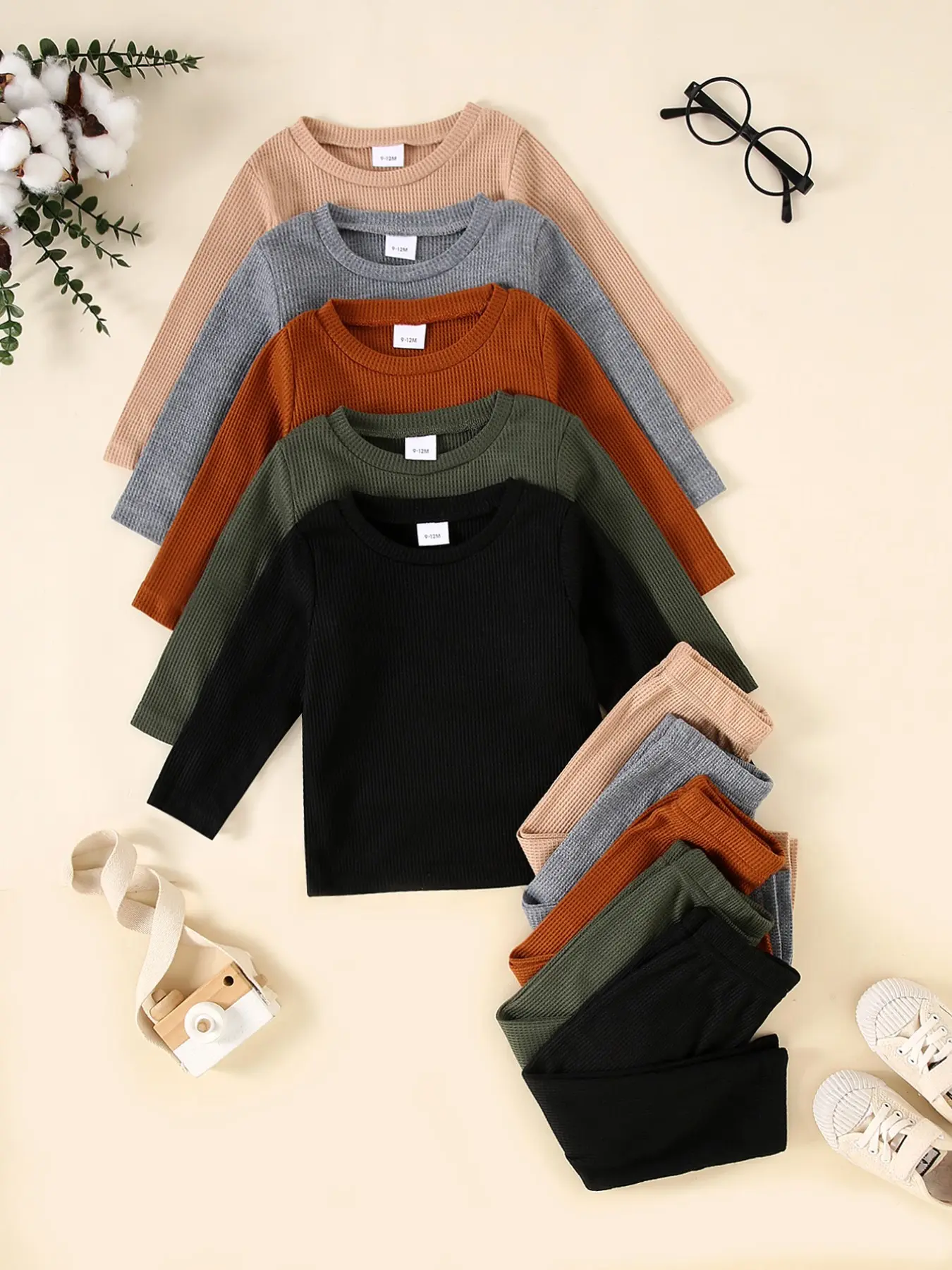 Boys' 10-Piece Set, Casual Loose-Fit Long Sleeve Top & Pants, Soft Waffle Knit Fabric, Plain Design, All-Season Comfort