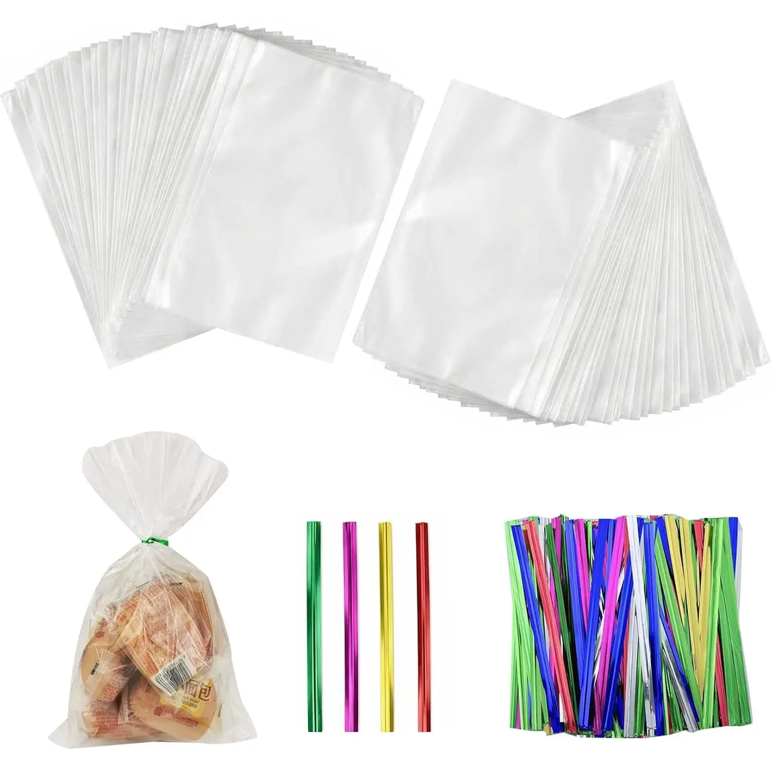 Cello Cellophane , 8 X 12 Inches Big OPP Clear Plastic Bags For Bakery, Candies, Dessert with 6 Colors Twist Ties(100 Pieces Bags + 100 count Twist Ties) (100, 8 X 12)