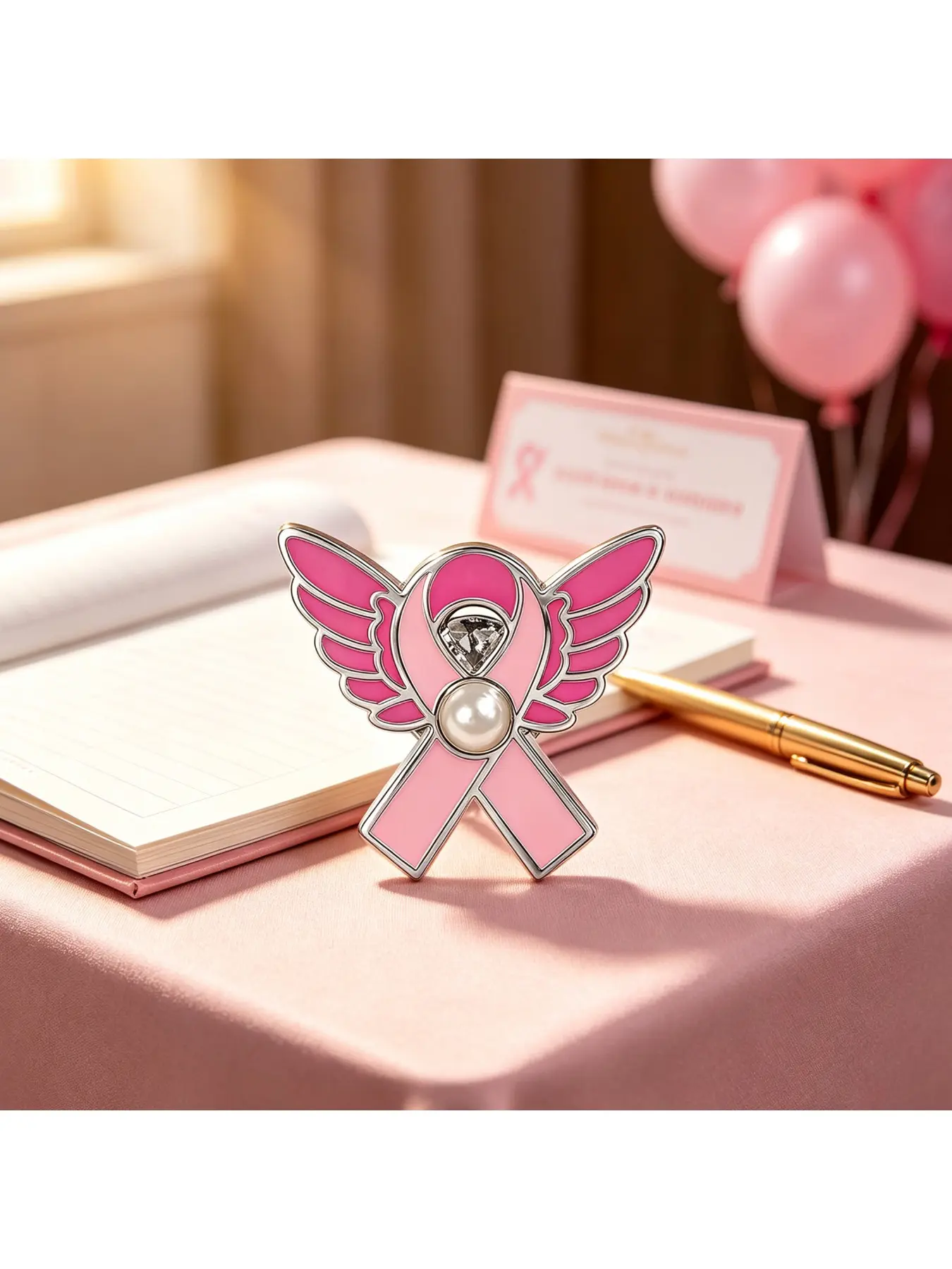 Breast Cancer Awareness, Pink Ribbon, Angel Wing Brooch, Crystal Pearl, Enamel Lapel Pin, Hope Jewelry, Survivor Gift, Accessory