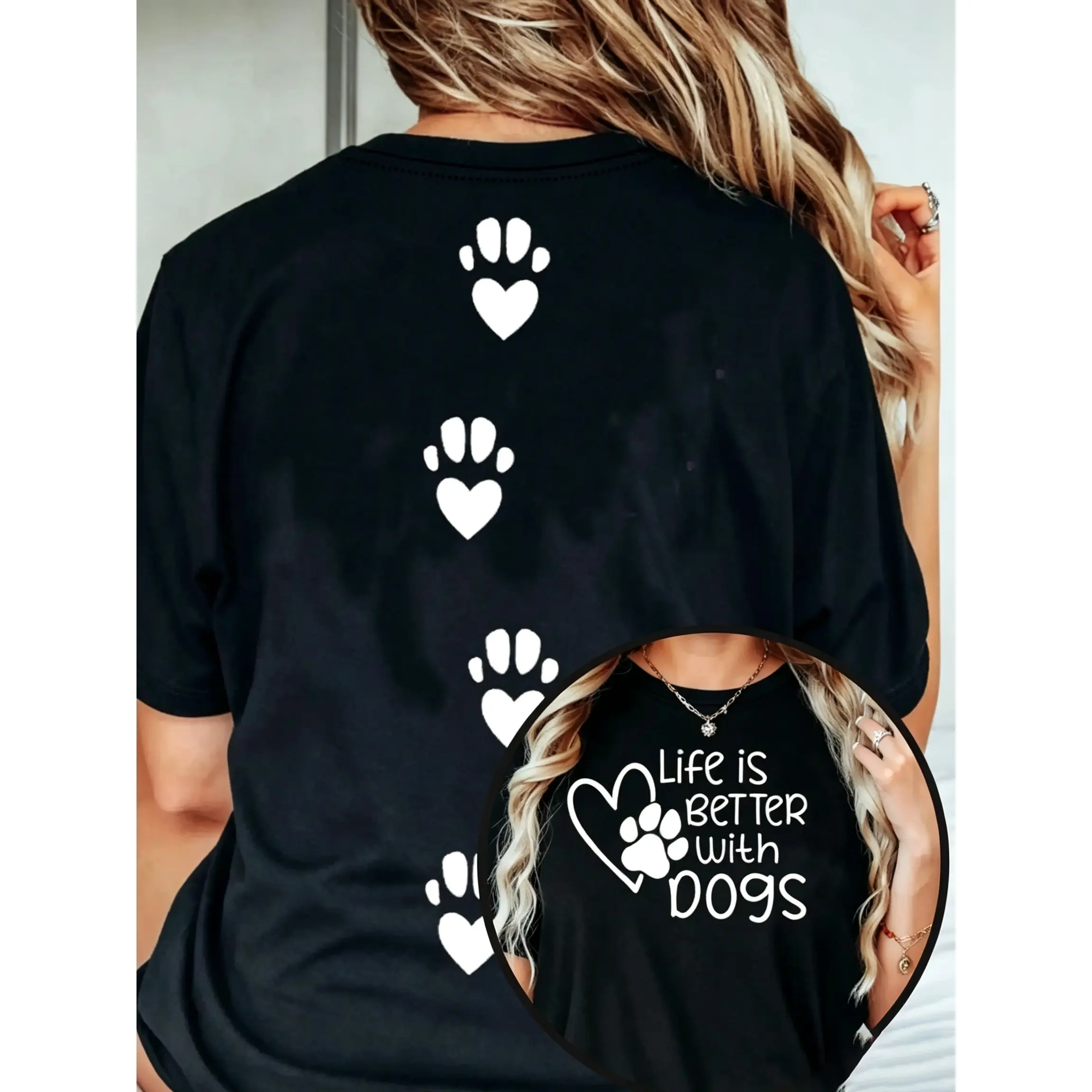 Women's Cotton Shortsleeve Round Neck Paw & Heart Print Fit T-shirt - Casual Unisex Top for Summer, Heart Paw Prints
