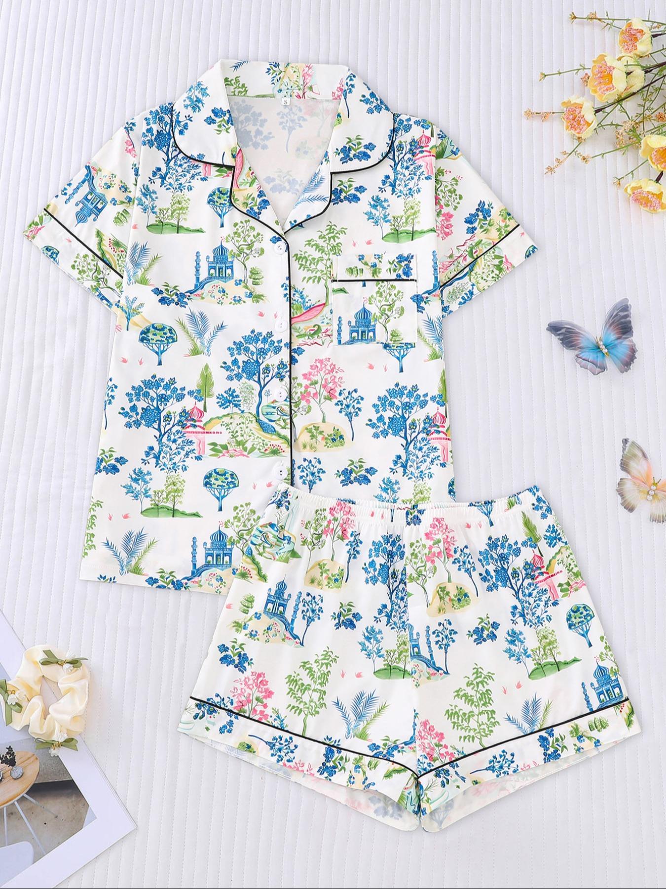 Two-Piece Set Women's All Over Floral Print Lapel Neck Pajama, Casual Comfy Short Sleeve Shirt & Elastic Waist Shorts PJ Set, Ladies Sleepwear for All Seasons