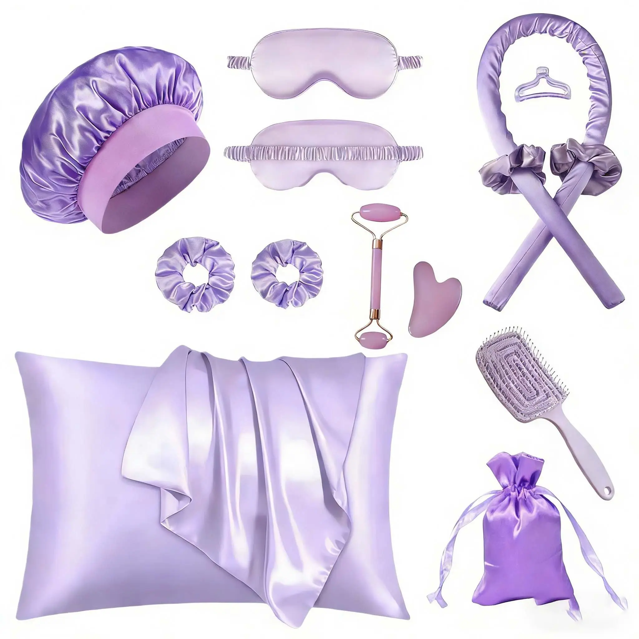 No Heat Hair Curler Overnight Set with Satin Pillowcase, Queen Size Hair & Skin Care Kit, Sleep Cap Eye Mask Face Massager, 12-Piece Set