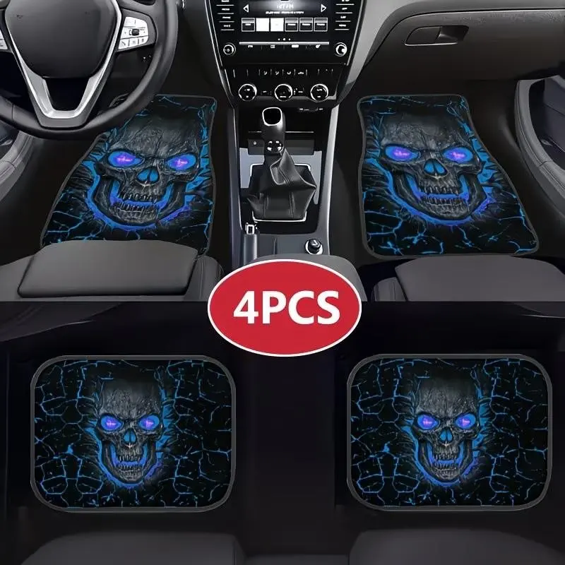 Four-Piece Skull Print Car Mats, Durable Polyester Floor Mats for Trucks, Suvs, Cars, Perfect Gift for Men and Women, Valentine's Day, Christmas