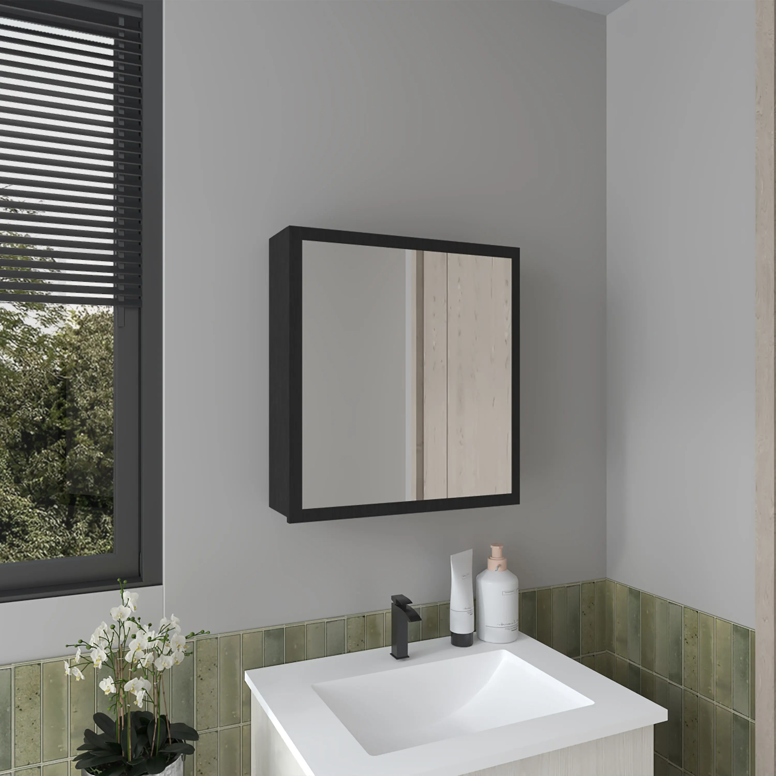 Nokaa Wall Mounted Medicine Cabinet with Mirror, 1 Door 4 Shelves, 21.1" H x 19.7" W x 5.7" D, Black Engineered Wood, Bathroom Storage for Toiletries, Small Space Organizer, Ready to Assemble