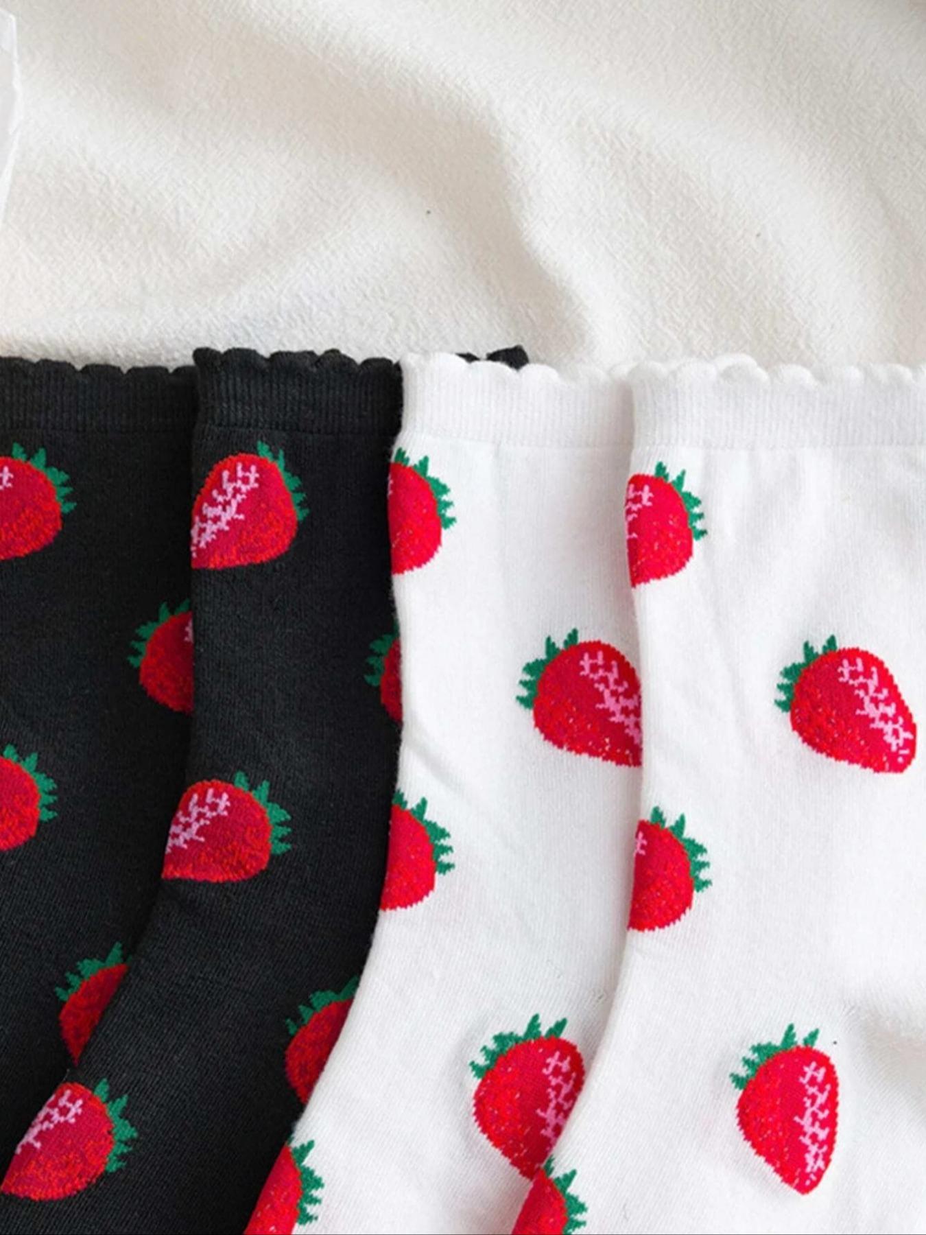 Women's 2 Pairs Strawberry Print Jacquard Crew Socks, Fall Wear, Fallfreshness Casual Moisture Wicking Socks, Soft Comfy Breathable Socks For All Seasons Daily Wear, Womenswear, Sock Set