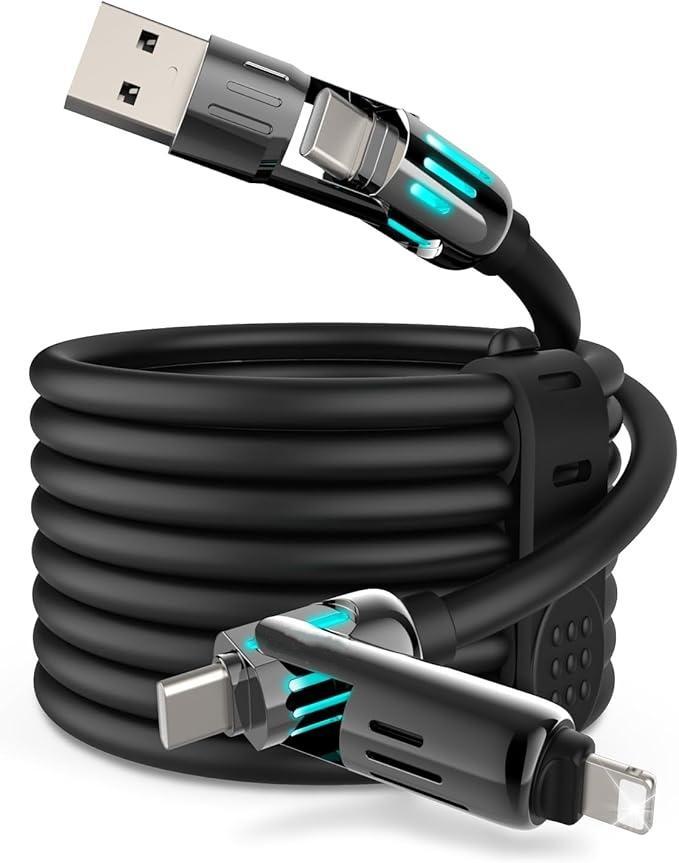 2-Pack 1M Black 4-in-1 High-Speed USB Charger Cables with Breathing Light - Universal Fit for iPhone 16/15/14/13/12/11 Pro Max, iPad, Samsung Galaxy, MacBook & Most Tablets