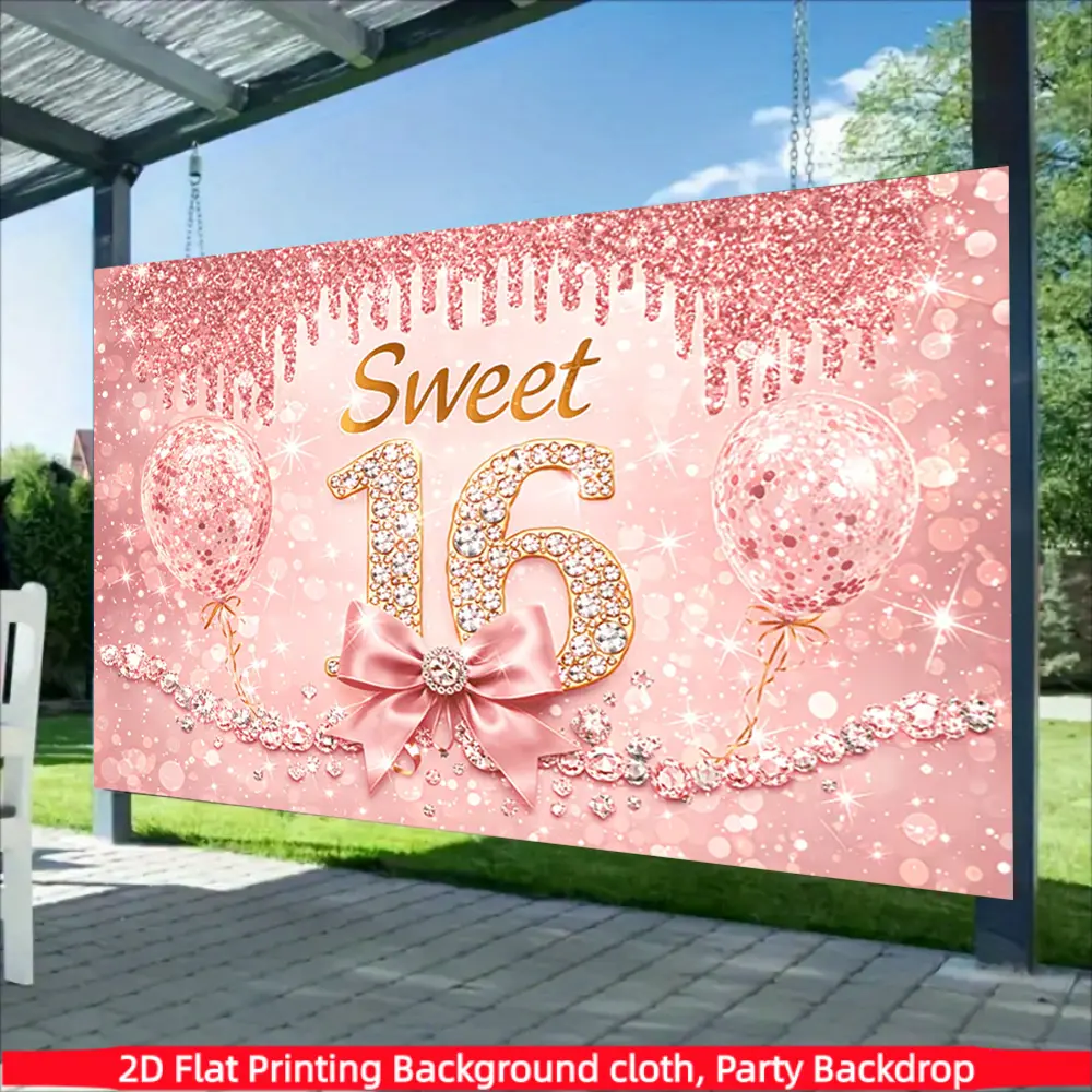 Sweet 16-year-old pink glitter diamond bow balloon themed background banner, made of polyester material, suitable for living rooms, bedrooms, offices, birthdays, anniversaries, home decoration, outdoor and indoor parties, photography background cloth