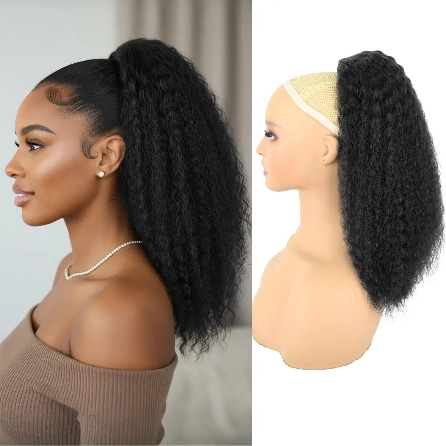 Kinky Straight Ponytail Extension for Black Women,16 Inch Yaki Drawstring Ponytail,-Looking Thick Synthetic Hairpiece for Daily Wear( Black)